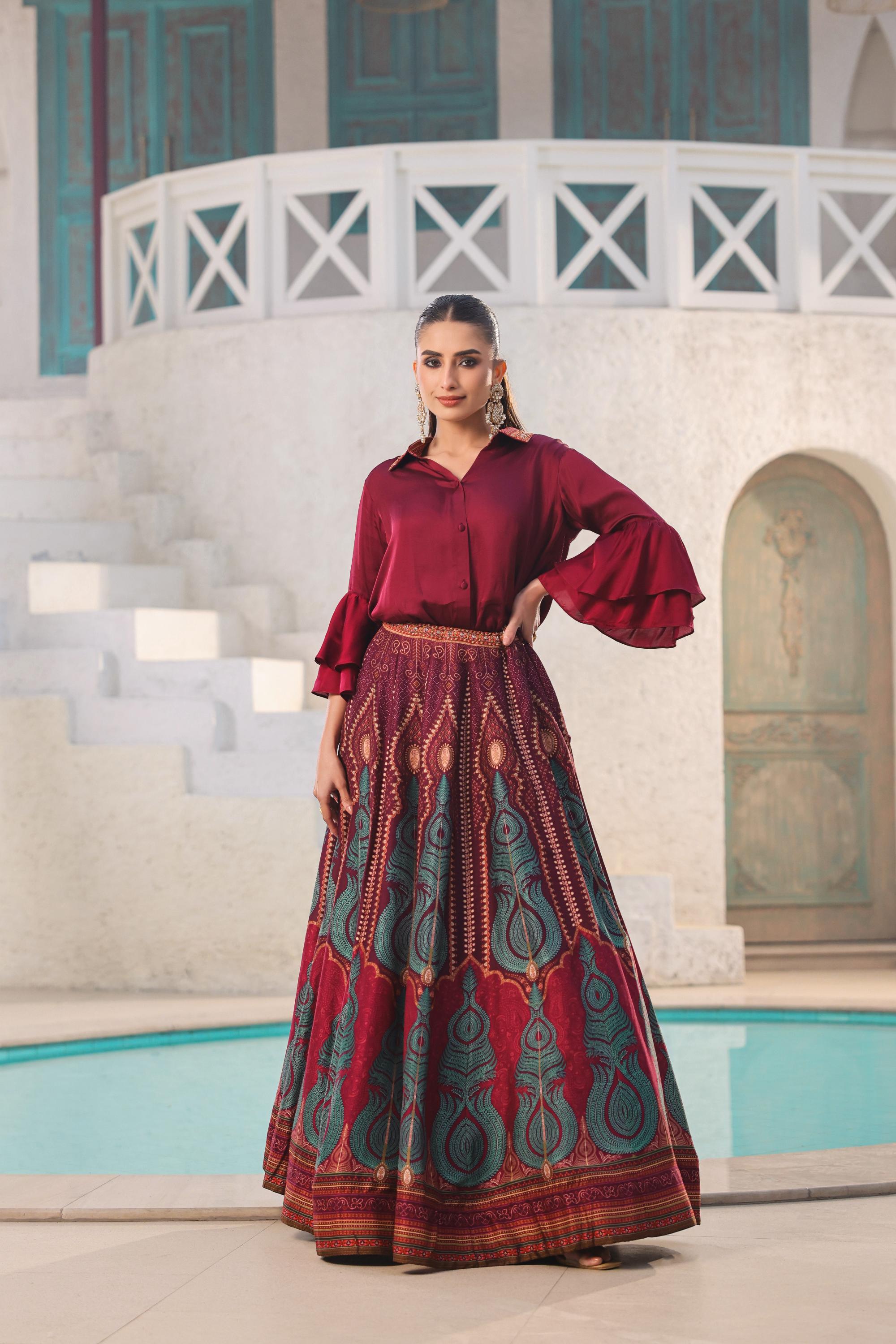 Deep Red Traditional Printed Raw Silk Skirt Set