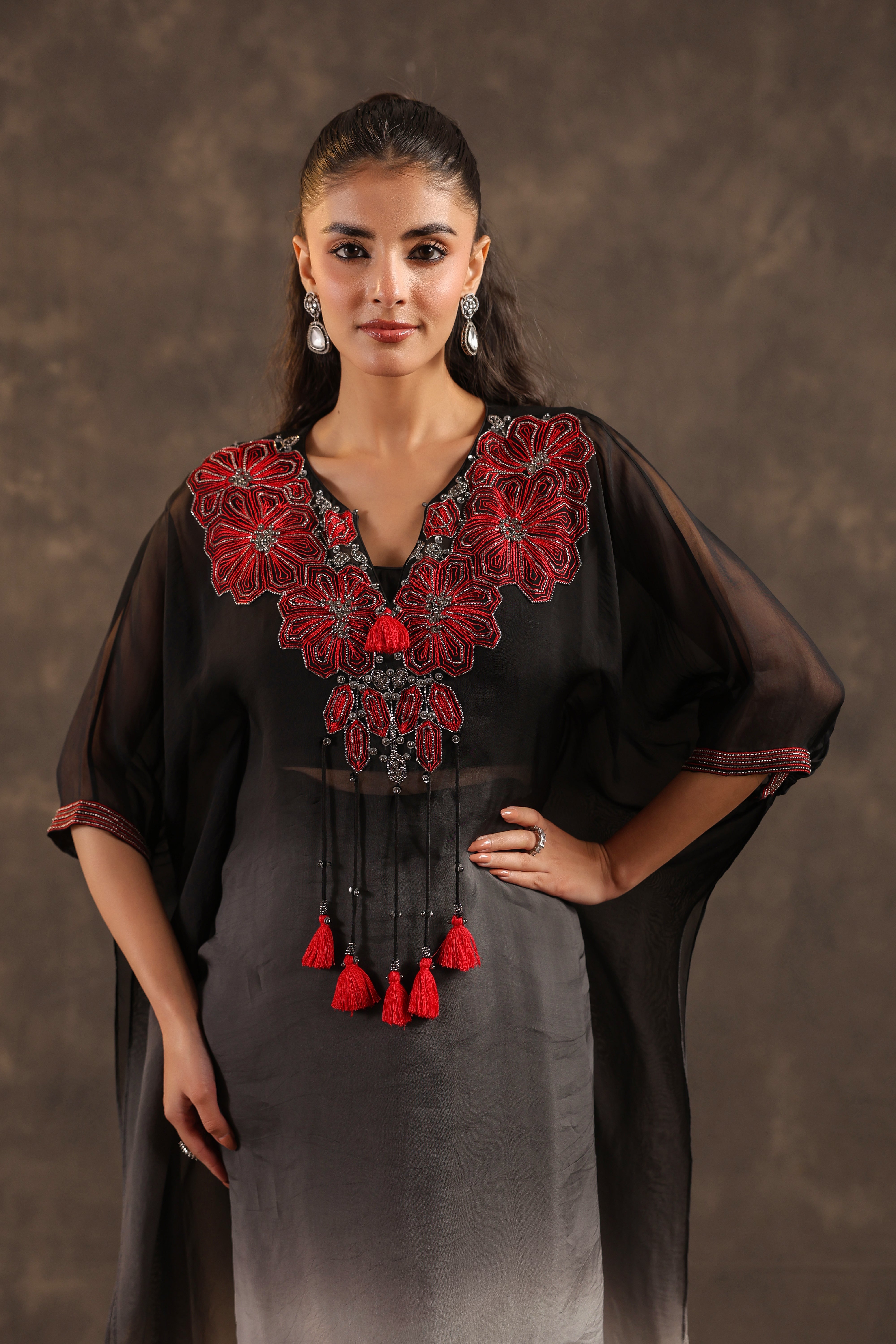 Midnight Bloom Embellished Organza Silk Skirt Set