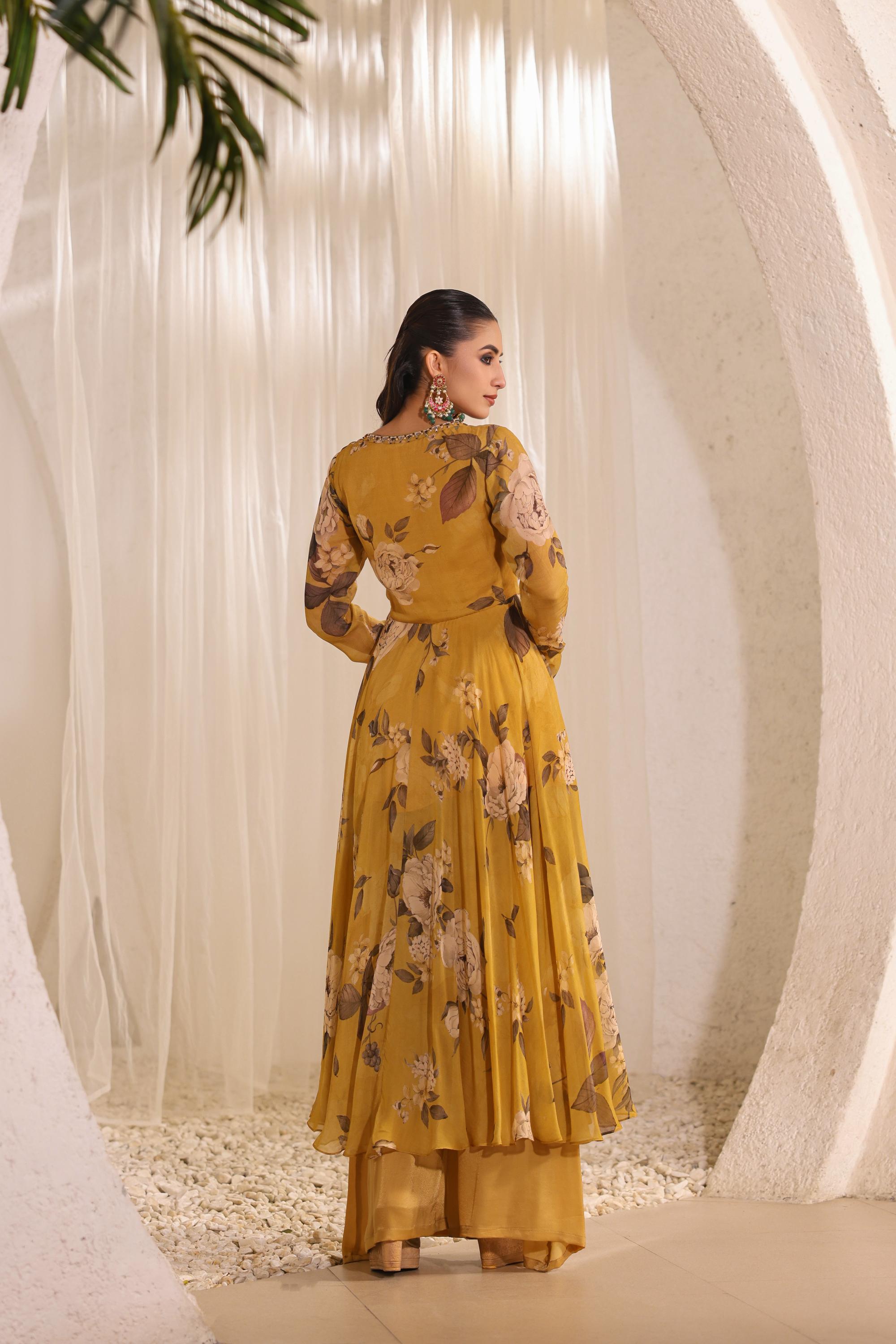 Golden Yellow Floral Printed Crepe Silk Palazzo Set