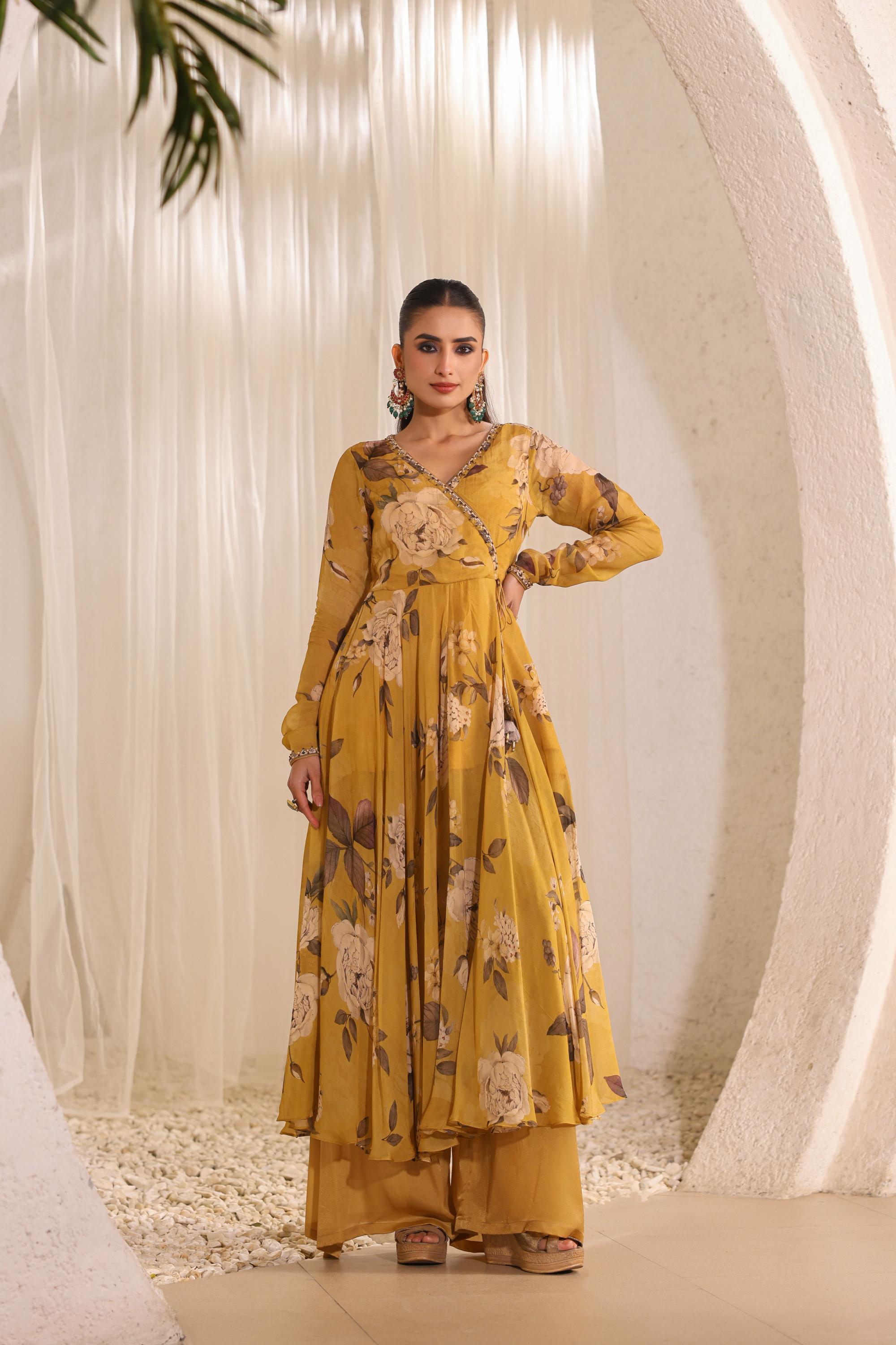 Golden Yellow Floral Printed Crepe Silk Palazzo Set