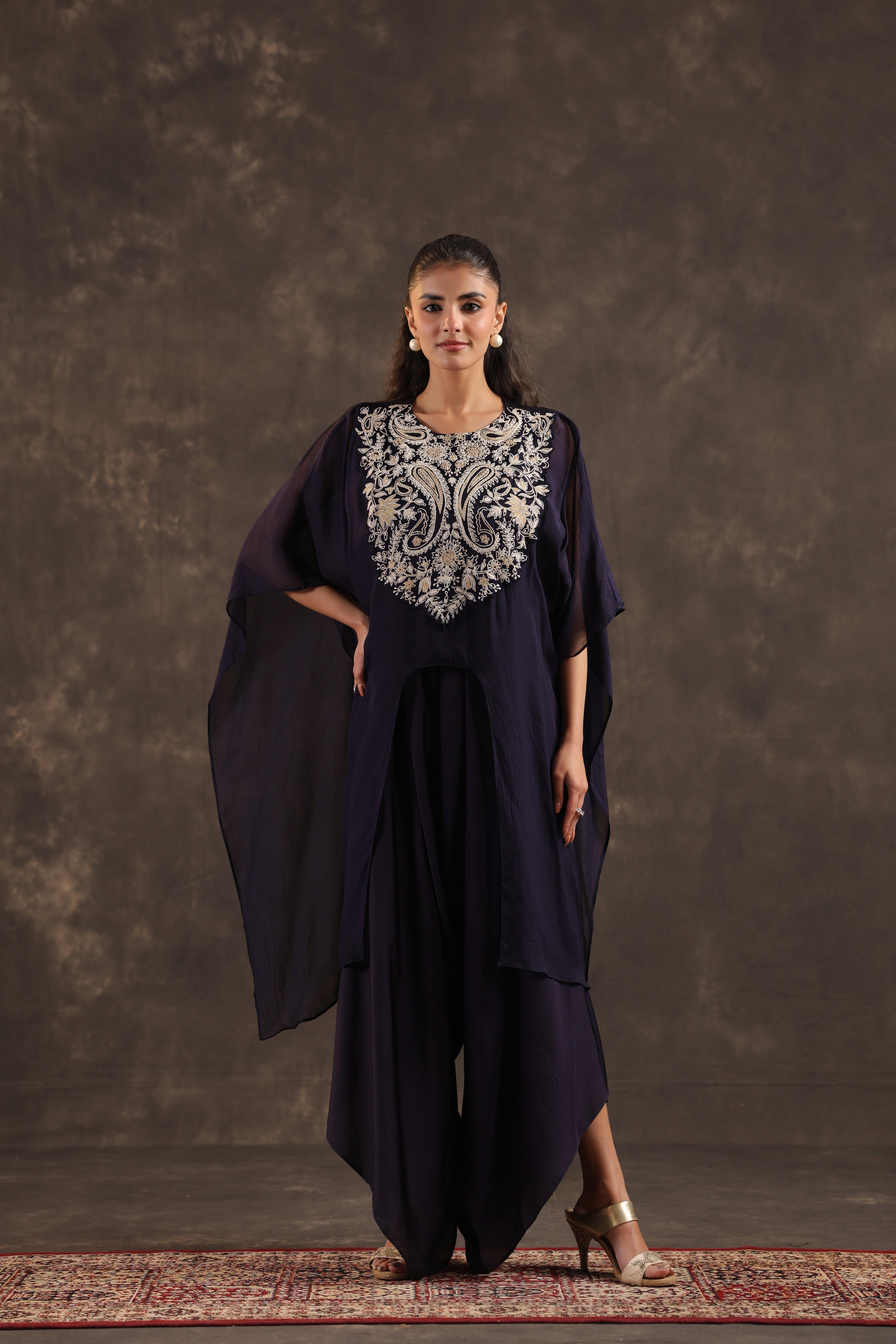 Blue Cape Embellished Organza Silk Kurta Set