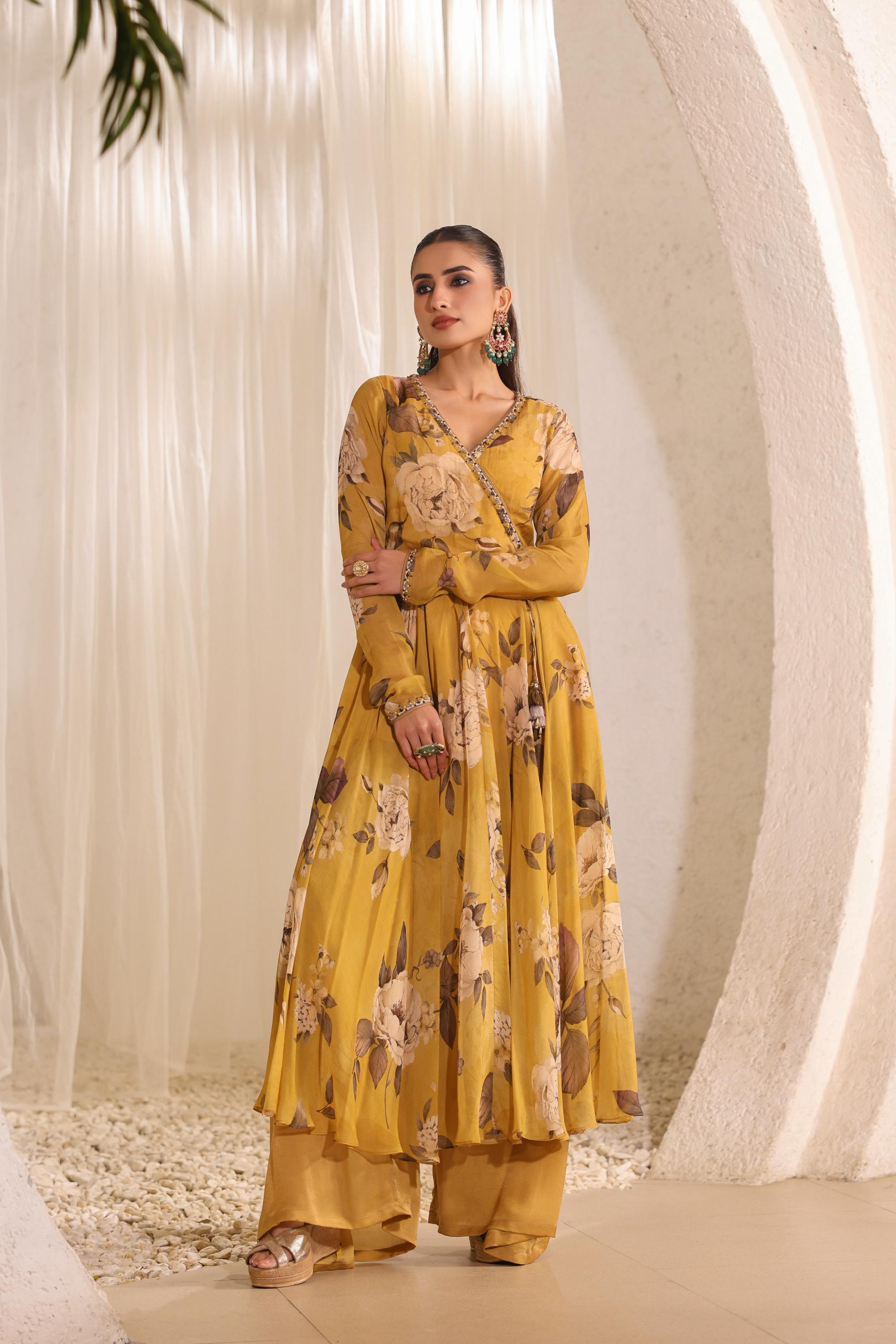 Golden Yellow Floral Printed Crepe Silk Palazzo Set