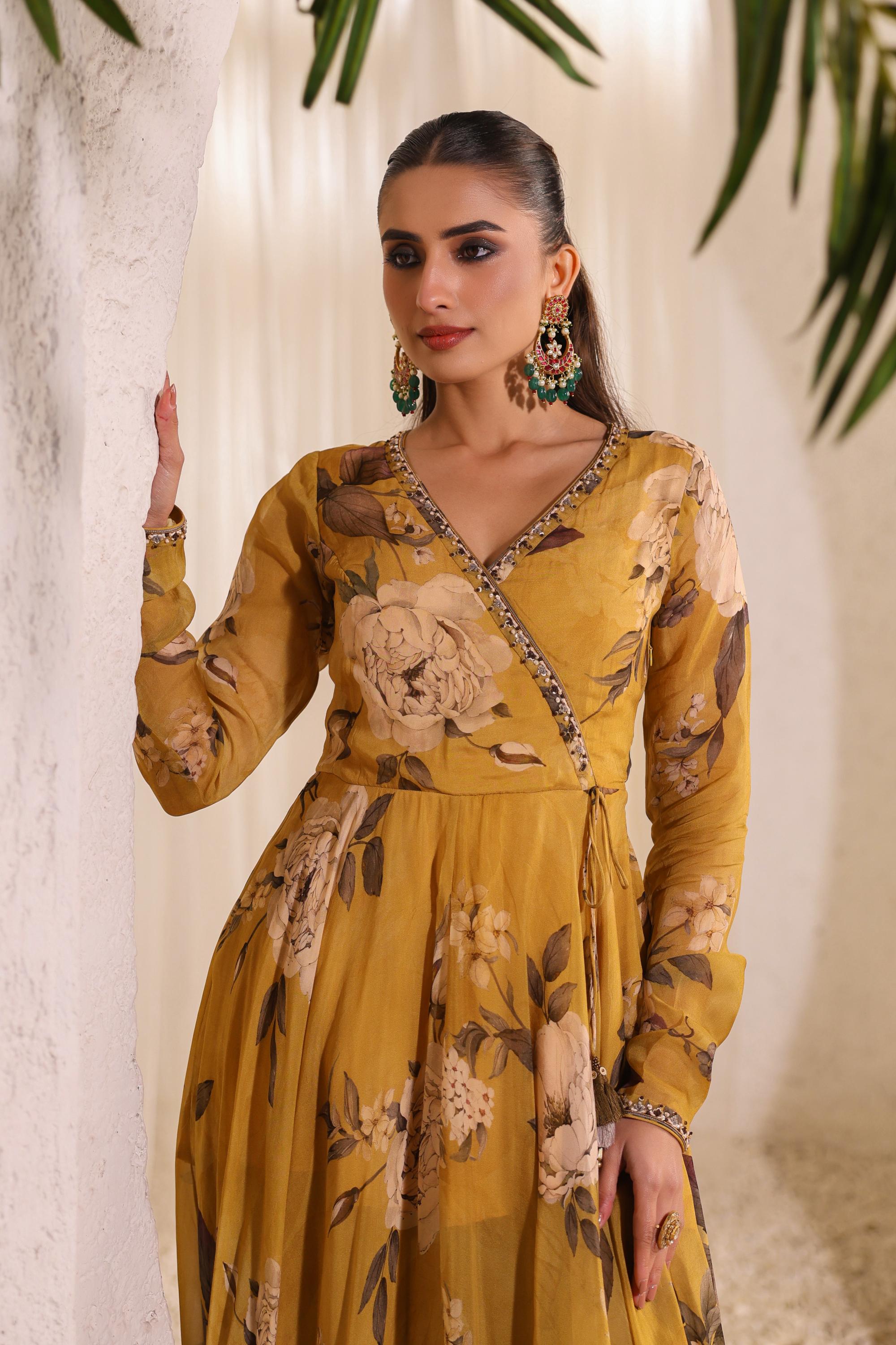 Golden Yellow Floral Printed Crepe Silk Palazzo Set