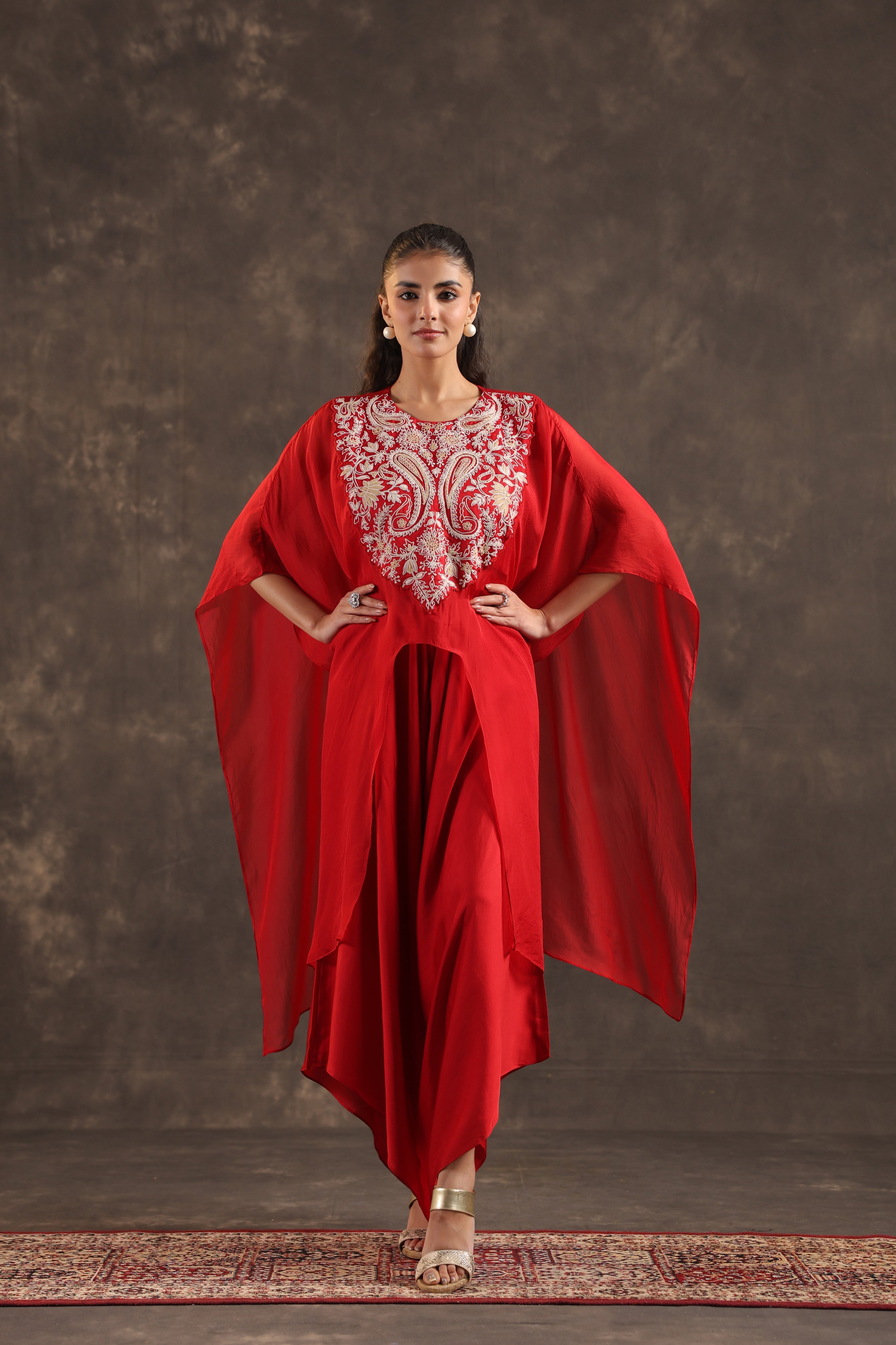 Red Cape Embellished Organza Silk Kurta Set