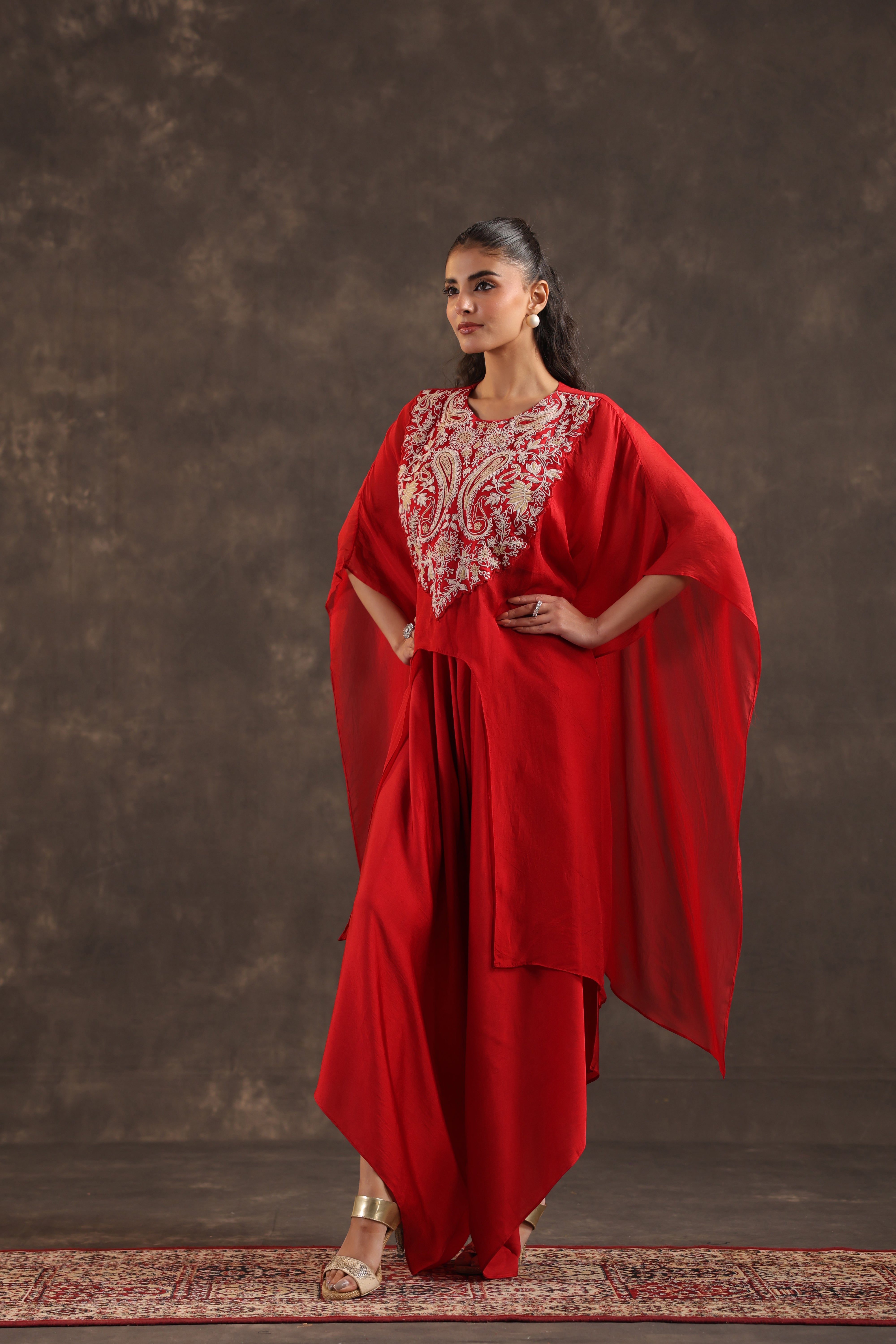 Red Cape Embellished Organza Silk Kurta Set