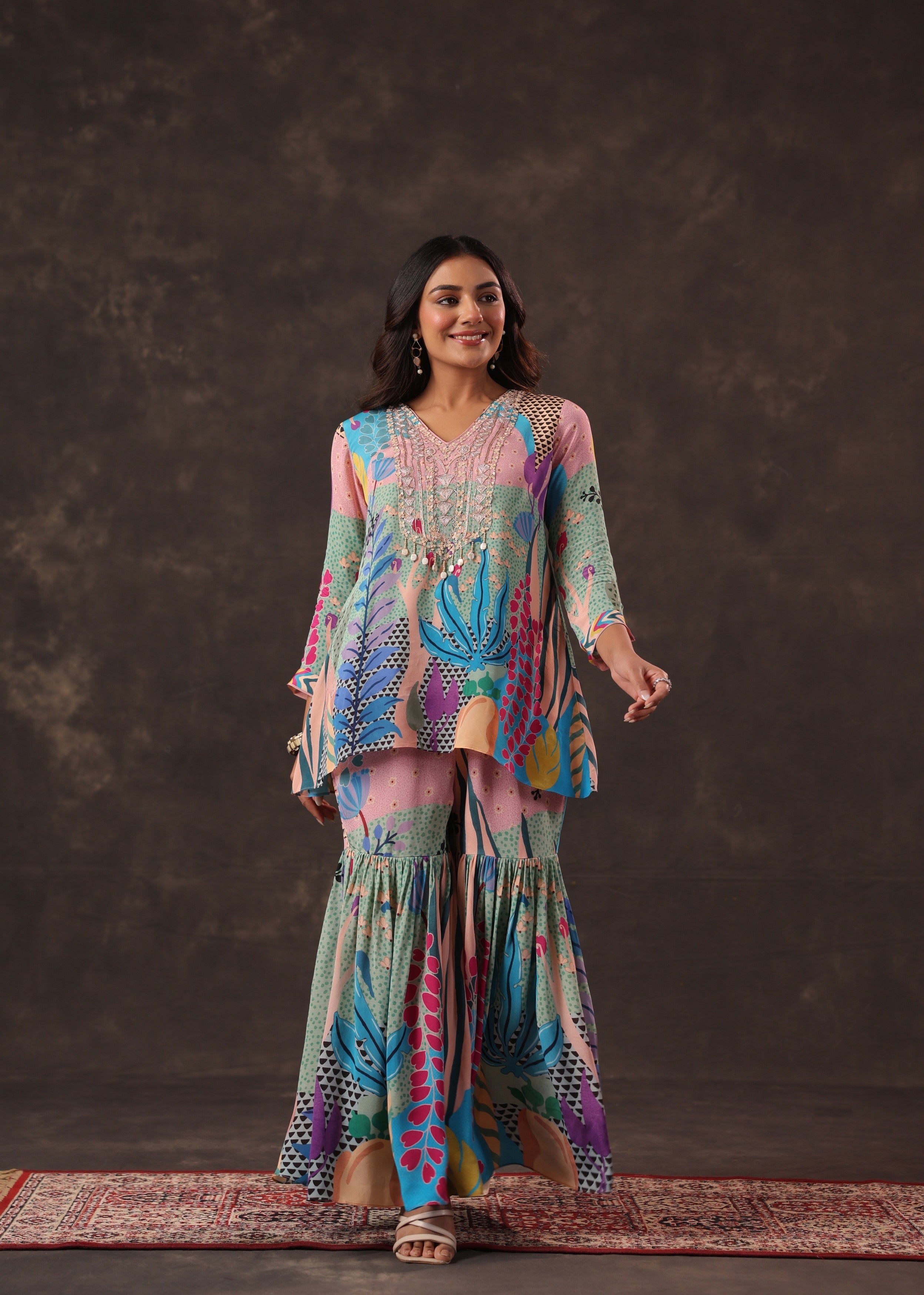 Candy Pastel Printed Crepe Silk Sharara Set