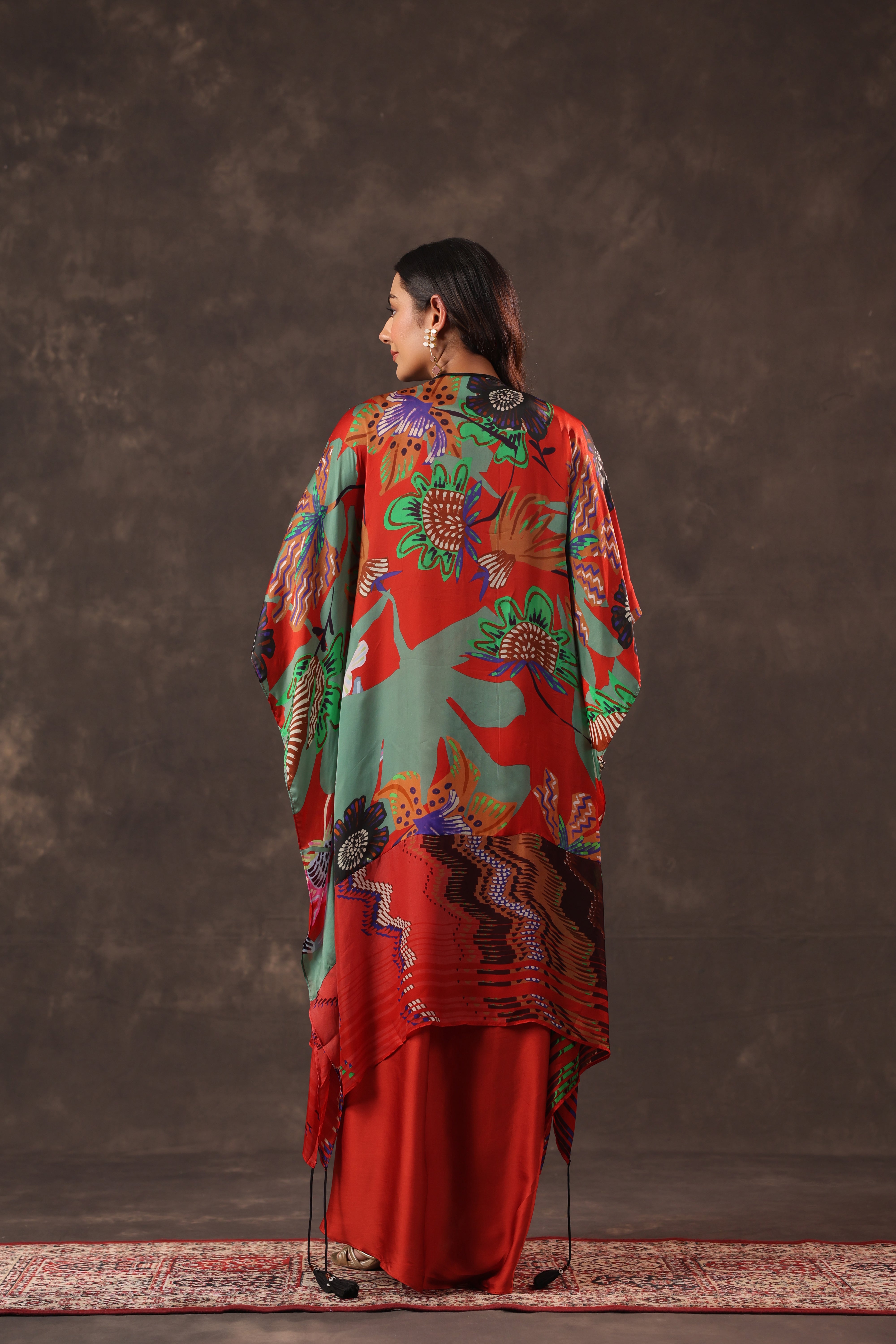 Scarlet Botanical Printed Satin Silk Cape Set
