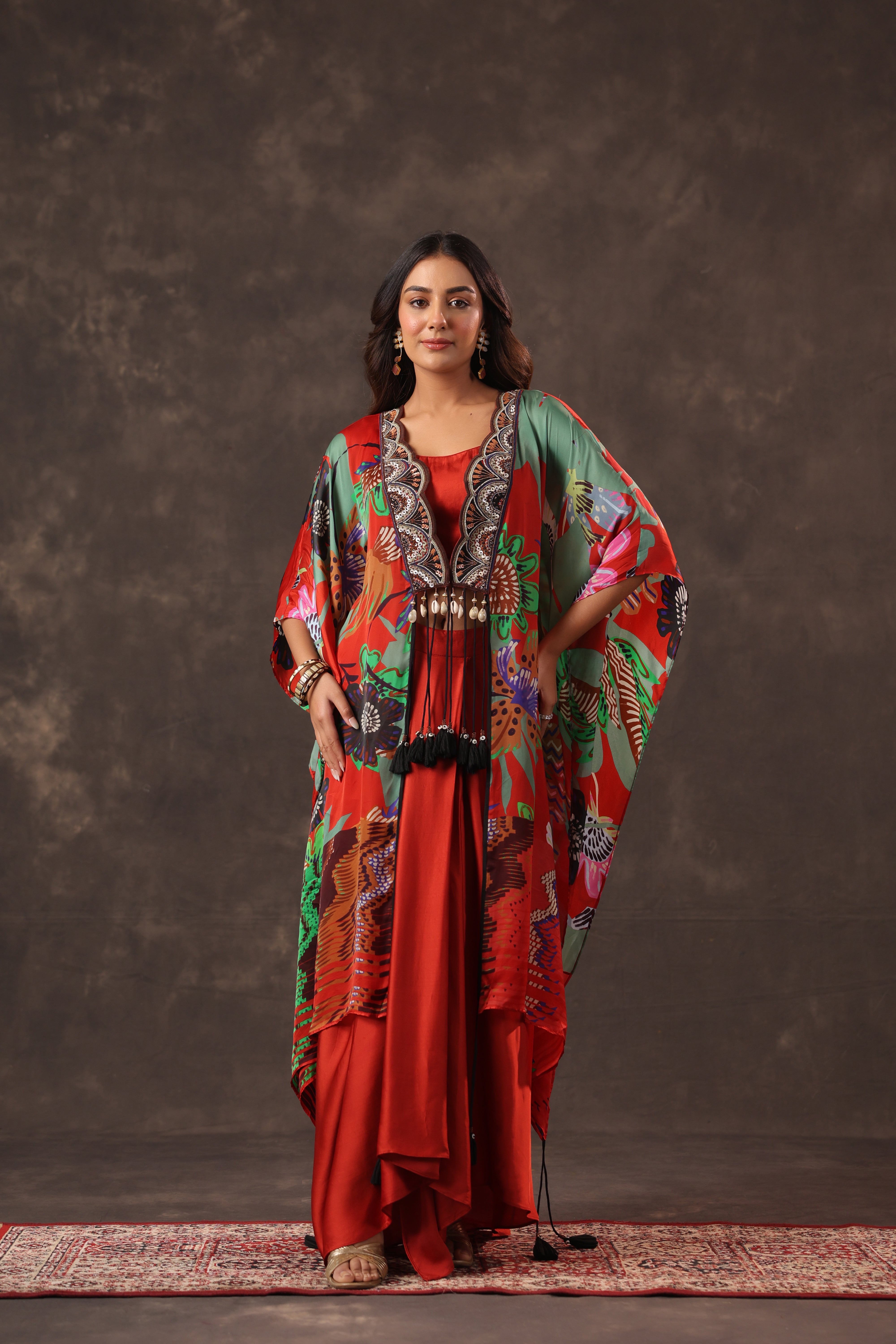 Scarlet Botanical Printed Satin Silk Cape Set