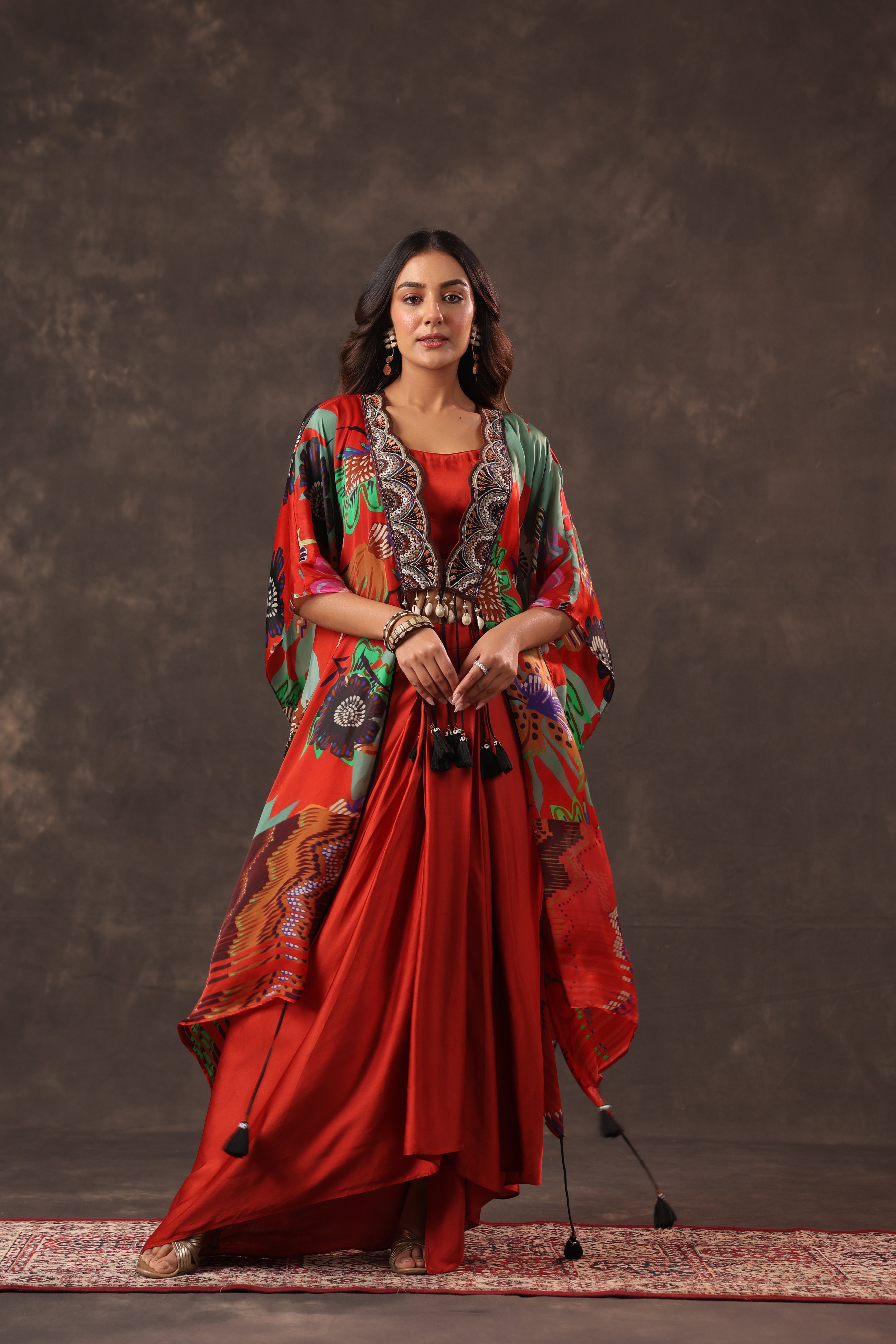 Scarlet Botanical Printed Satin Silk Cape Set