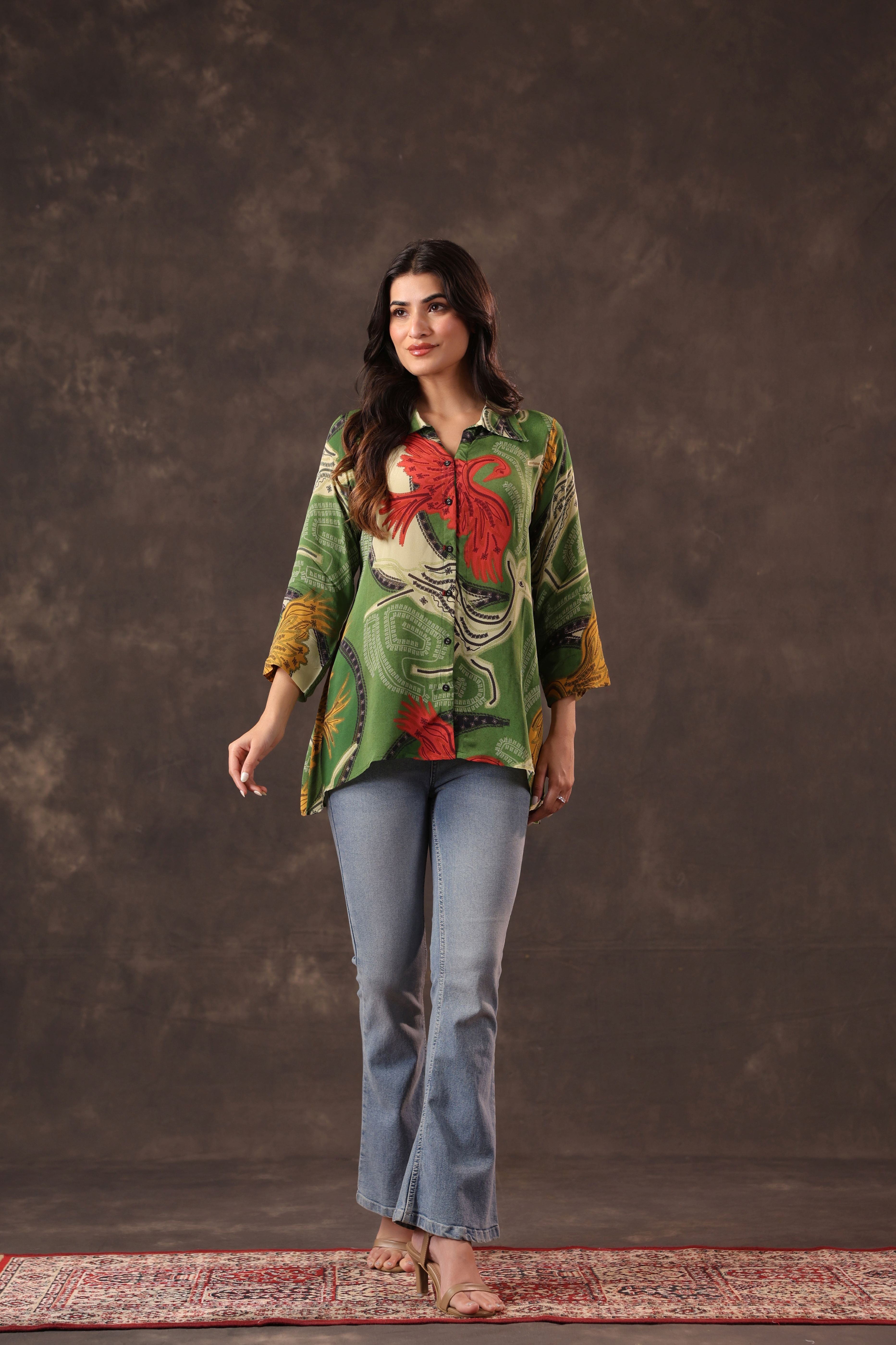 Sap Green Printed Crepe Silk Top