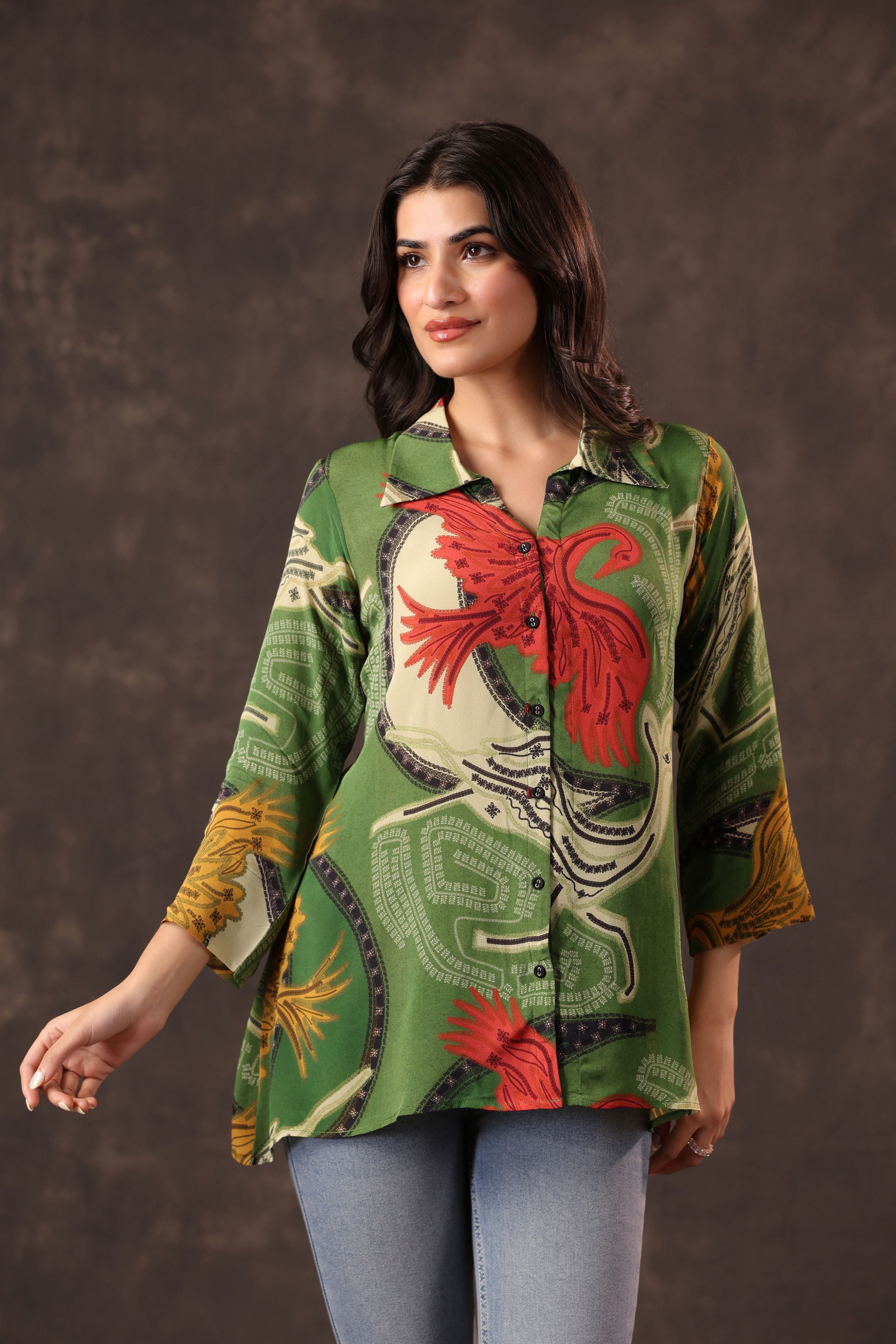 Sap Green Printed Crepe Silk Top