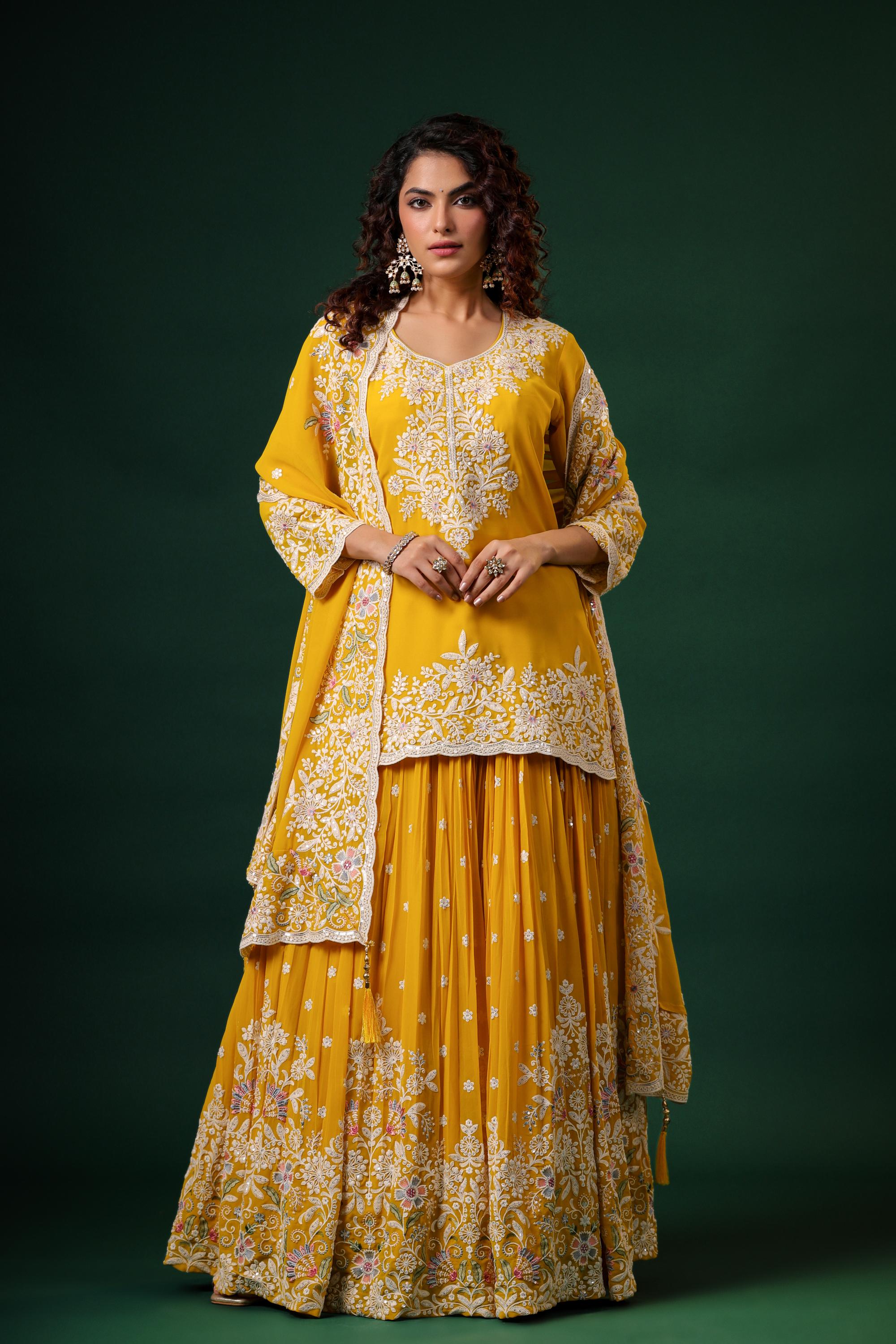 Bright Yellow Embroidered Swiss Georgette Silk Lehenga Set