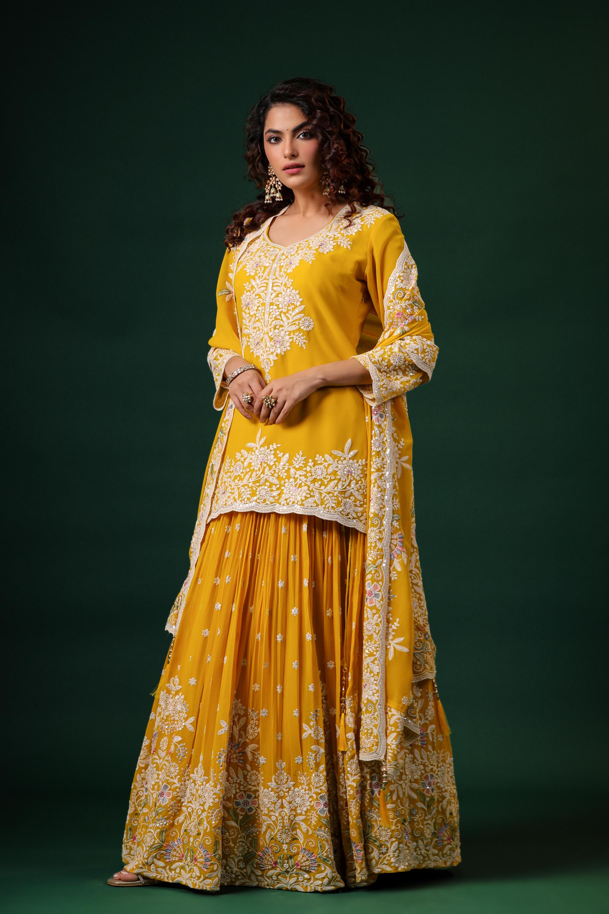 Bright Yellow Embroidered Swiss Georgette Silk Lehenga Set