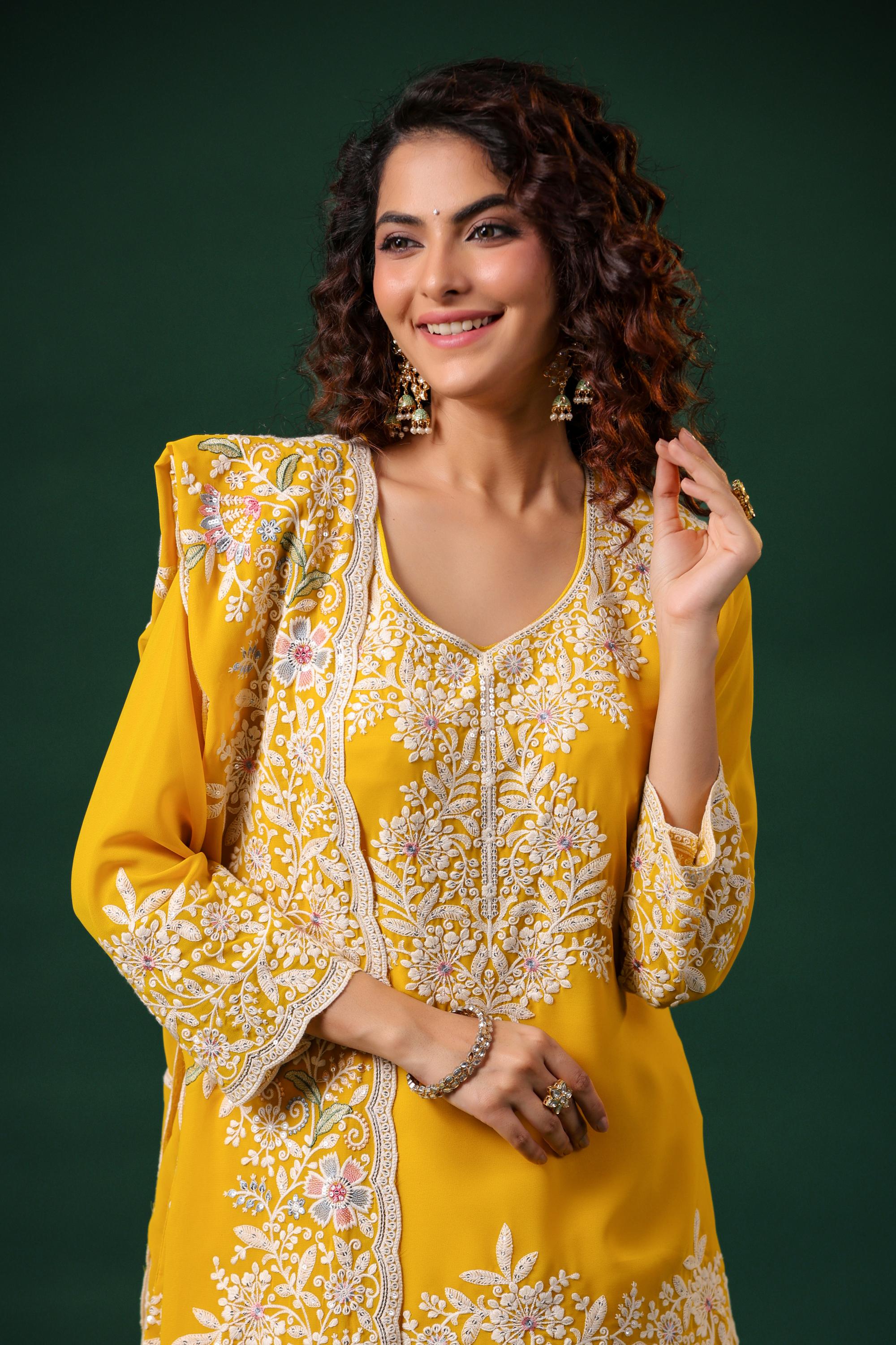 Bright Yellow Embroidered Swiss Georgette Silk Lehenga Set