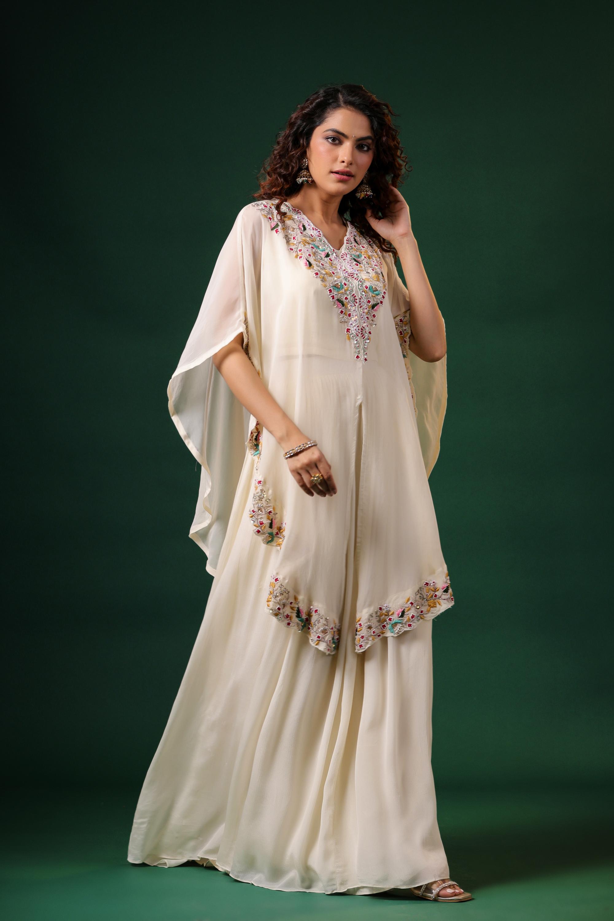 Ivory Embellished Premium Organza Silk Tunic & Skirt Set