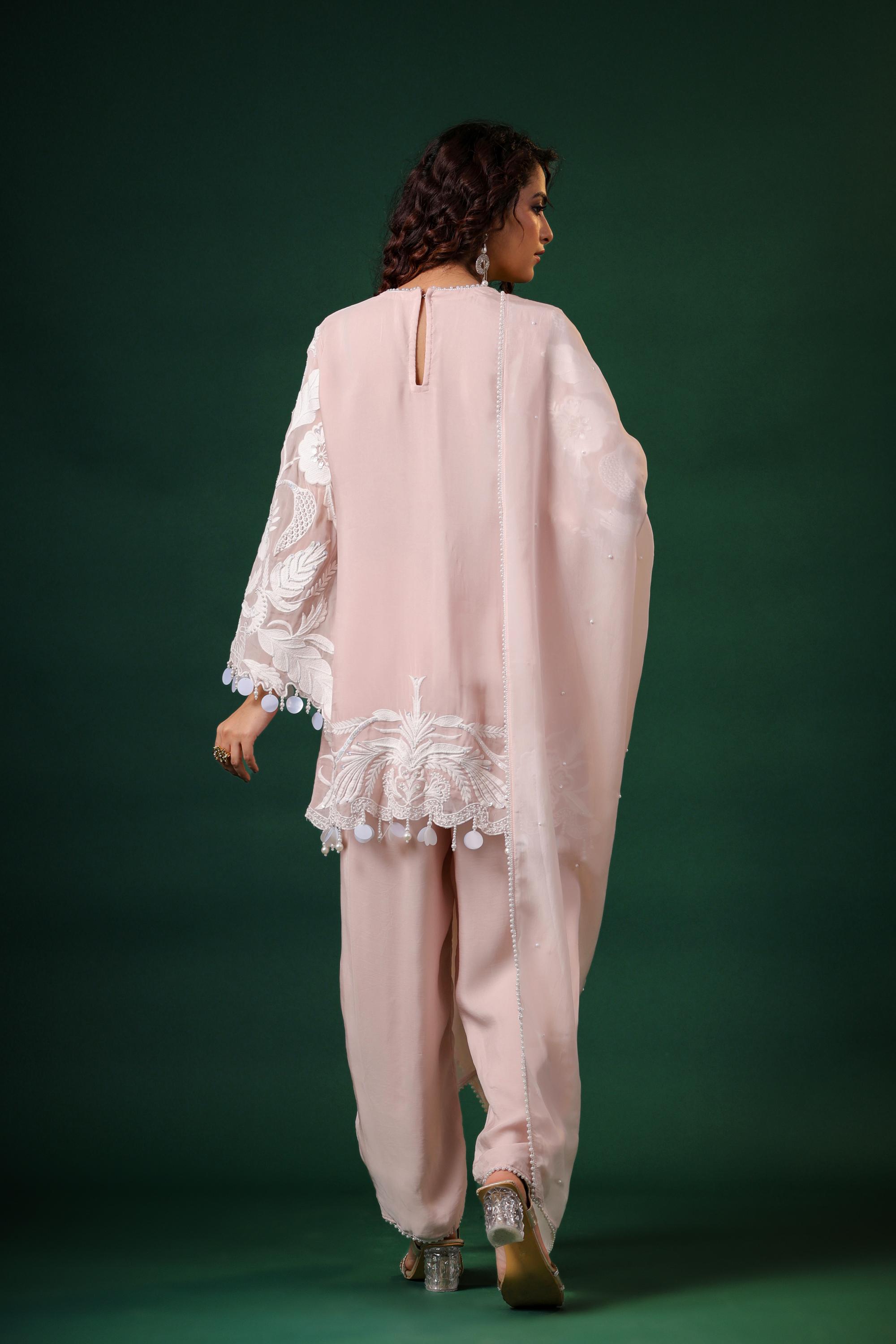 Pastel Pink Embroidered Premium Organza Silk Pants Set