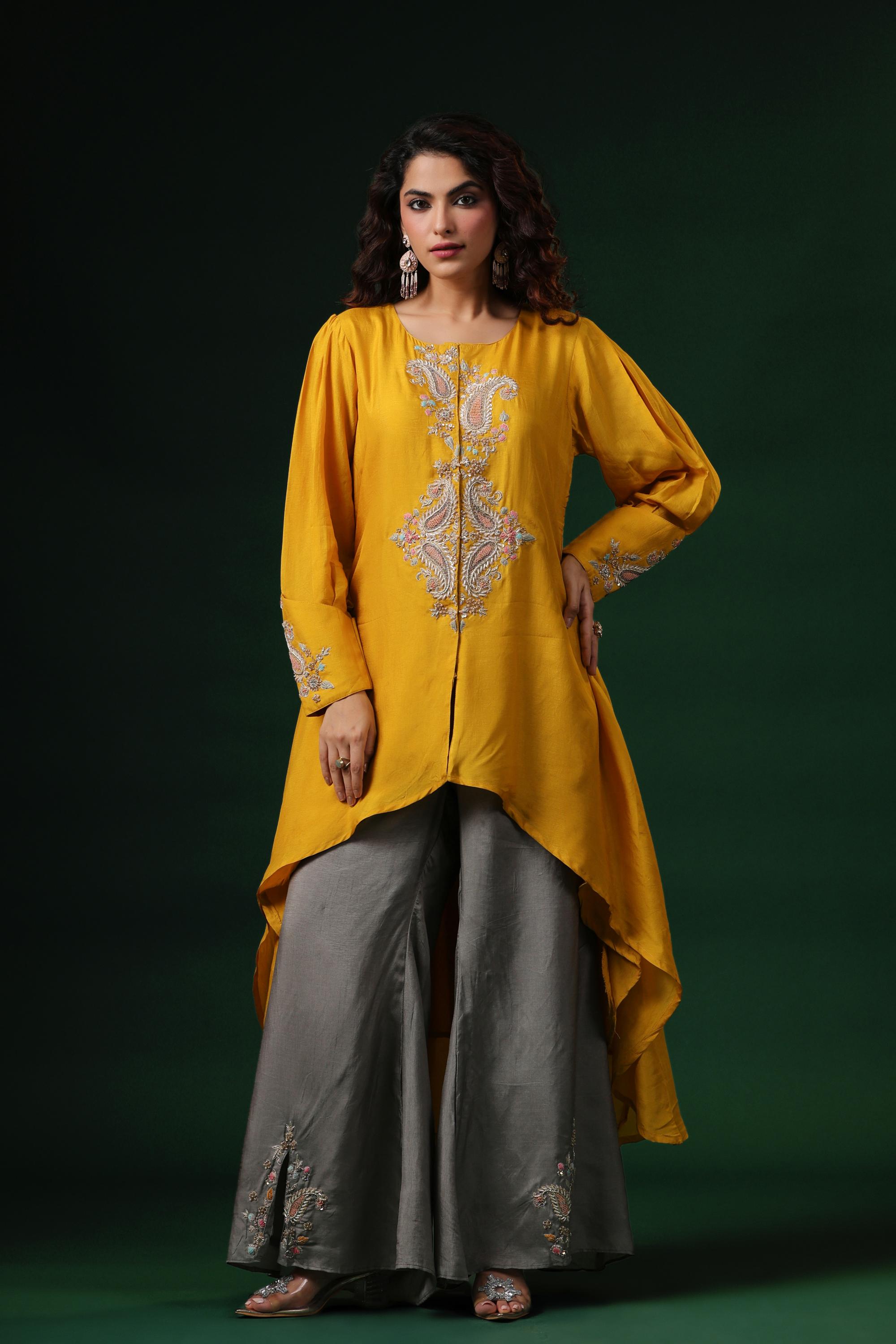 Golden Yellow Embellished Premium Silk Palazzo Set