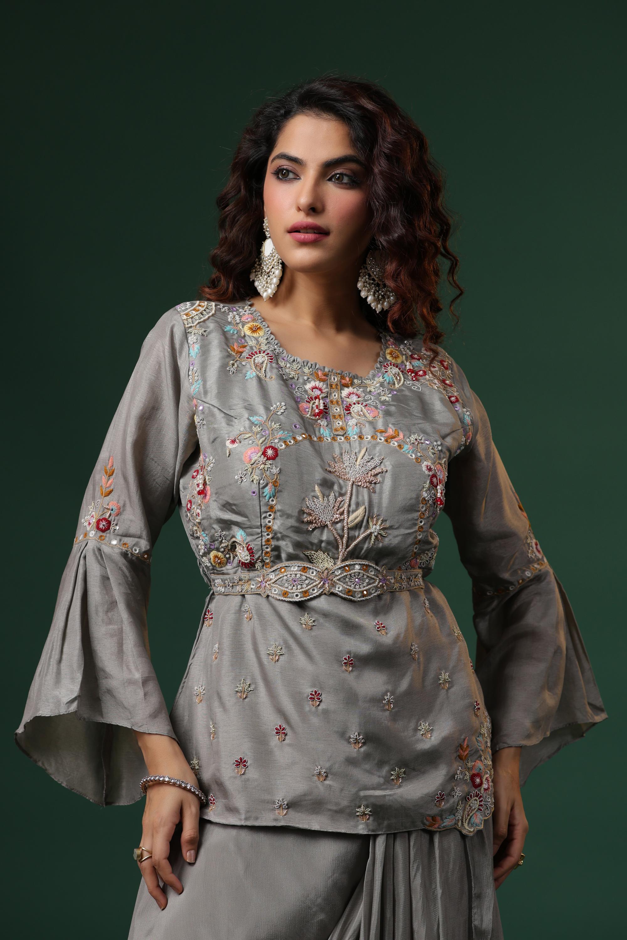 Slate Grey Embroidered Italian Silk Skirt Set