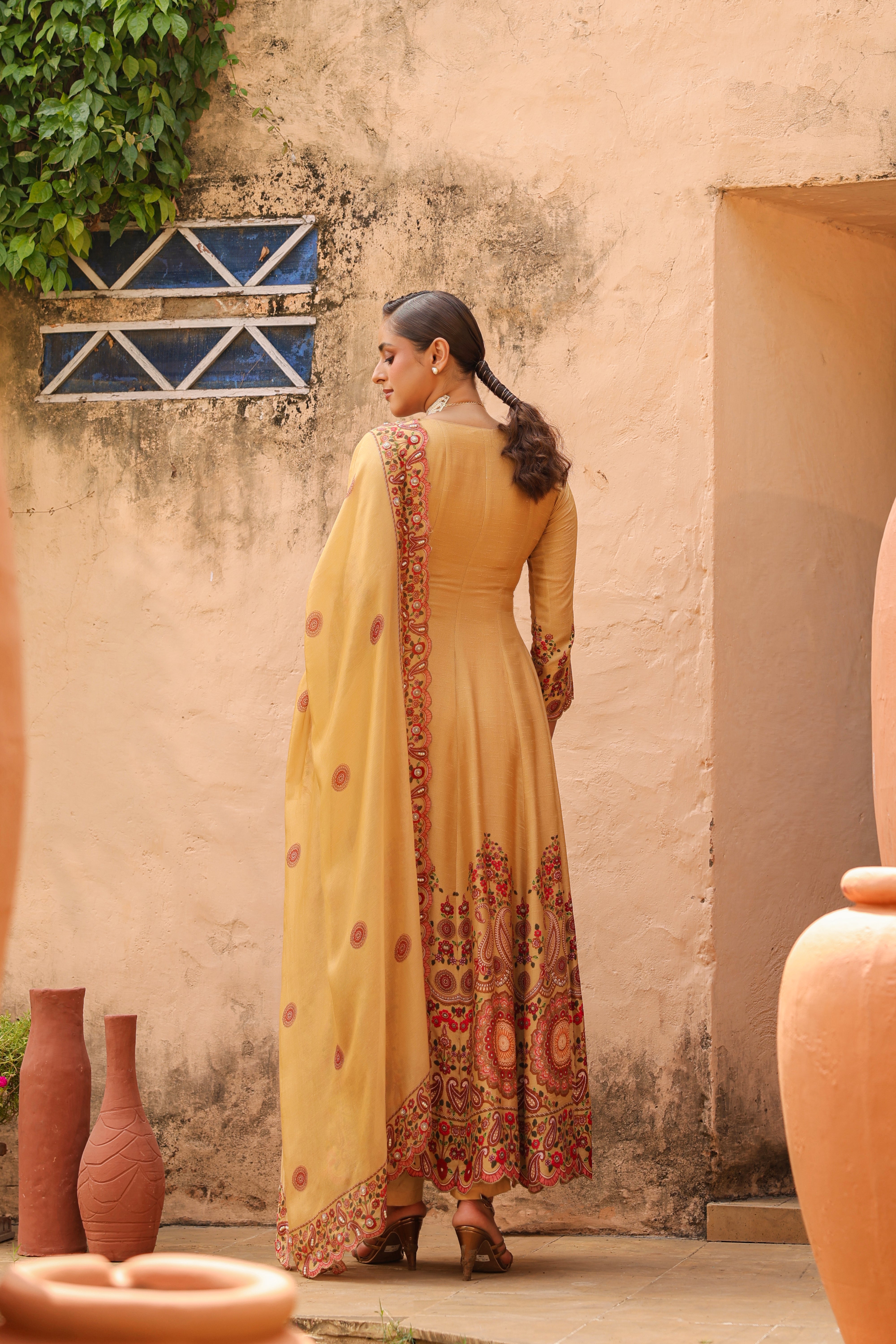 Mustard Glow Embellished Raw Silk Anarkali Set