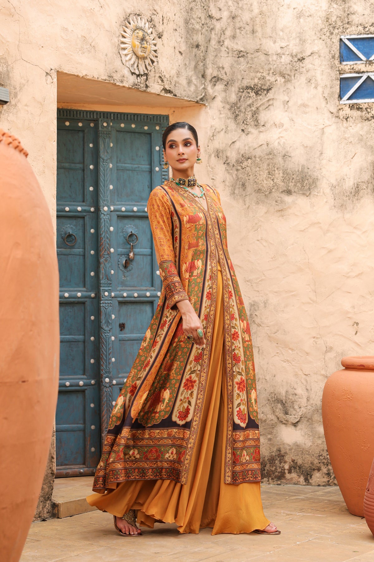 Amber Mustard Embellished Raw Silk Palazzo Set