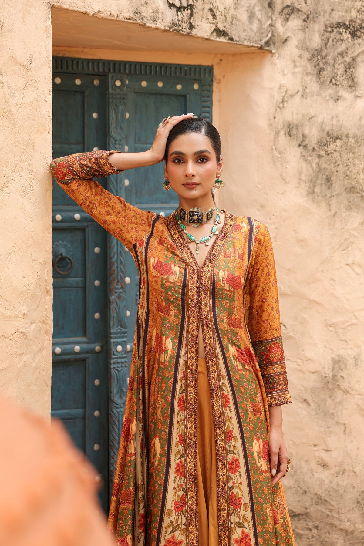 Amber Mustard Embellished Raw Silk Palazzo Set