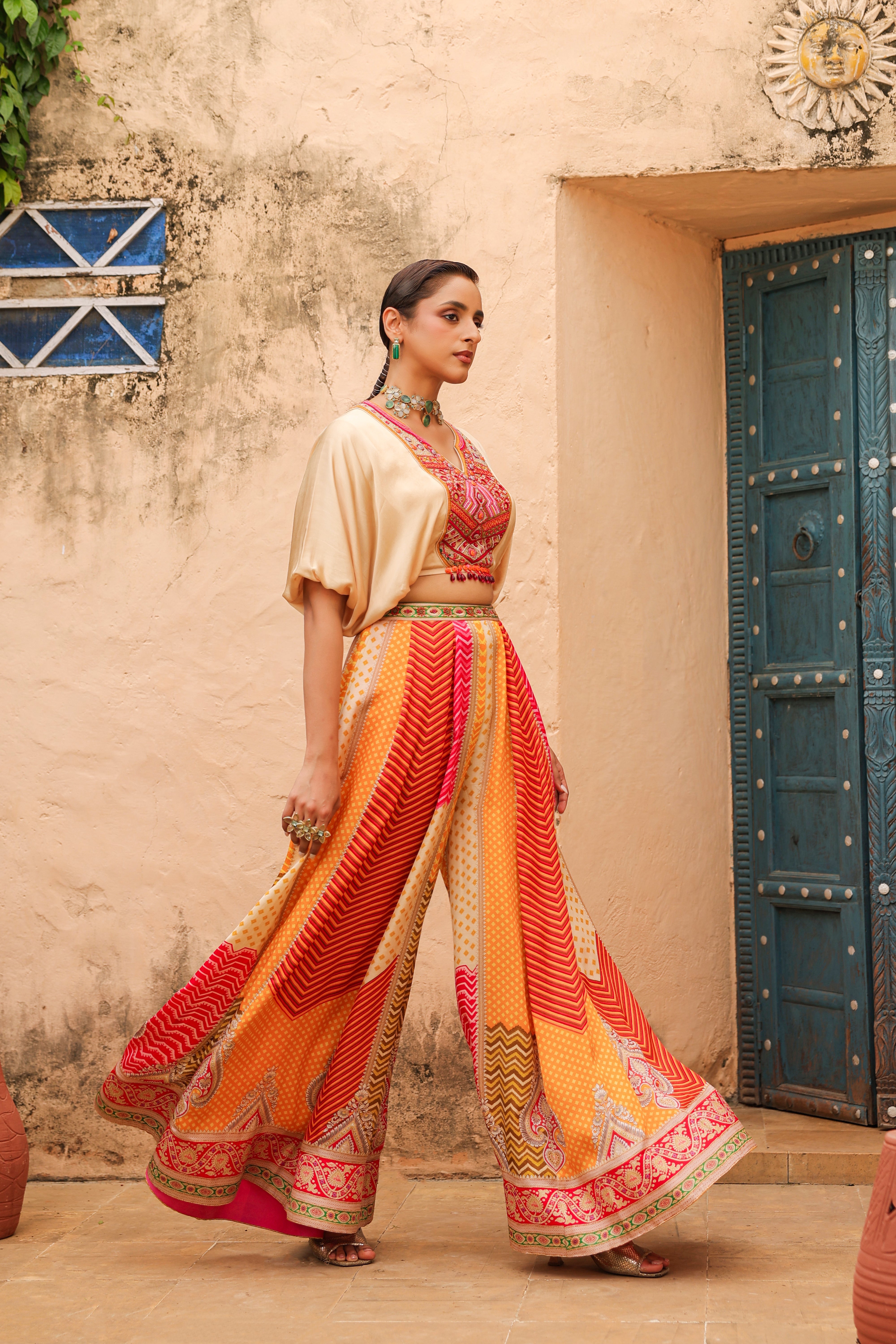 Multi Beige Embellished Satin Silk Co-Ord Set