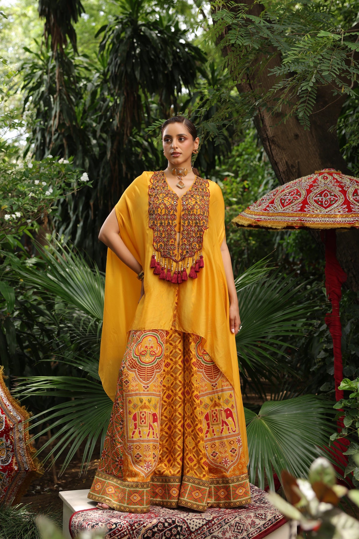 Marigold Yellow Embellished Raw Silk Cape Set