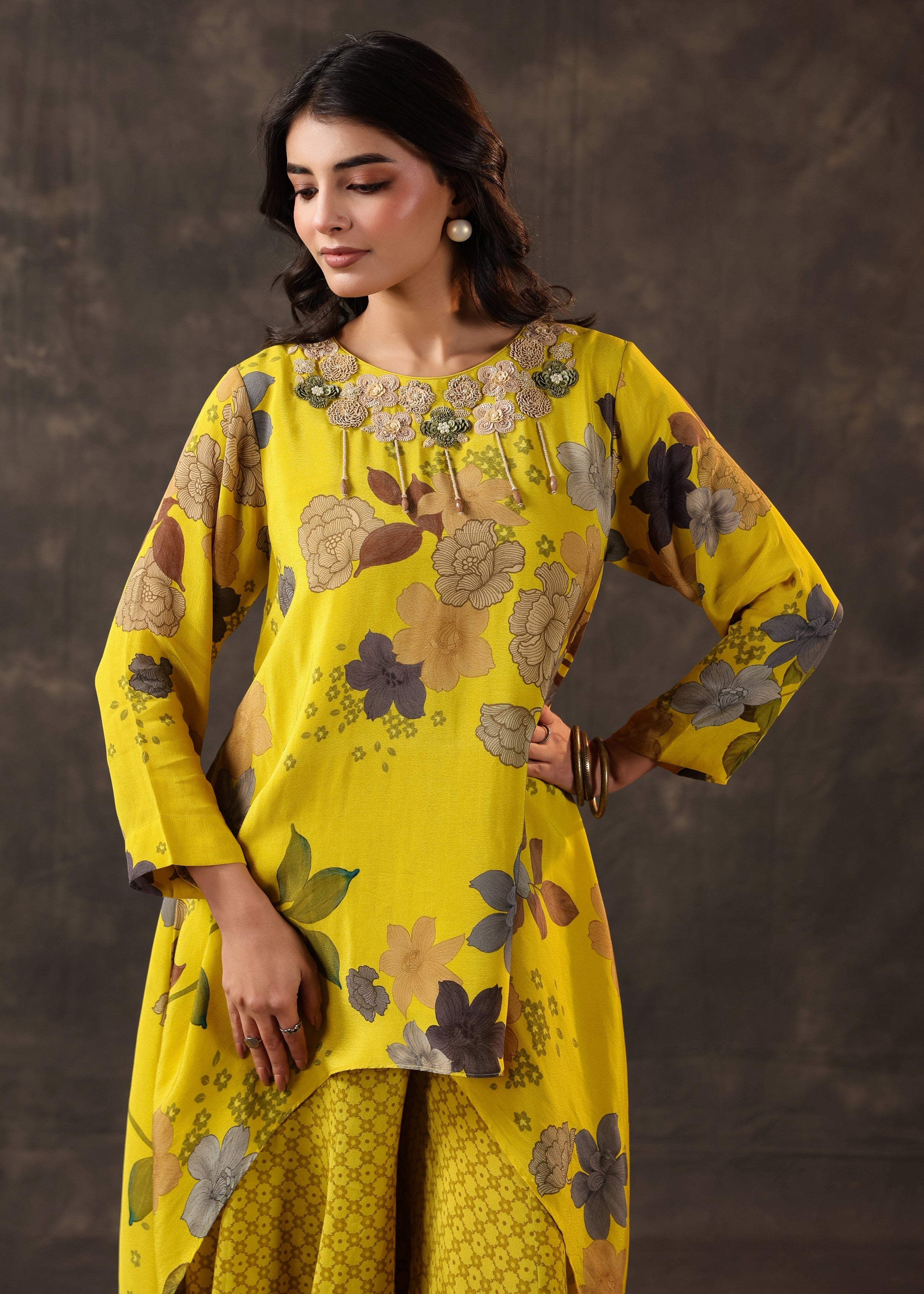 Yellow Bloom Printed Crepe Silk Palazzo Set