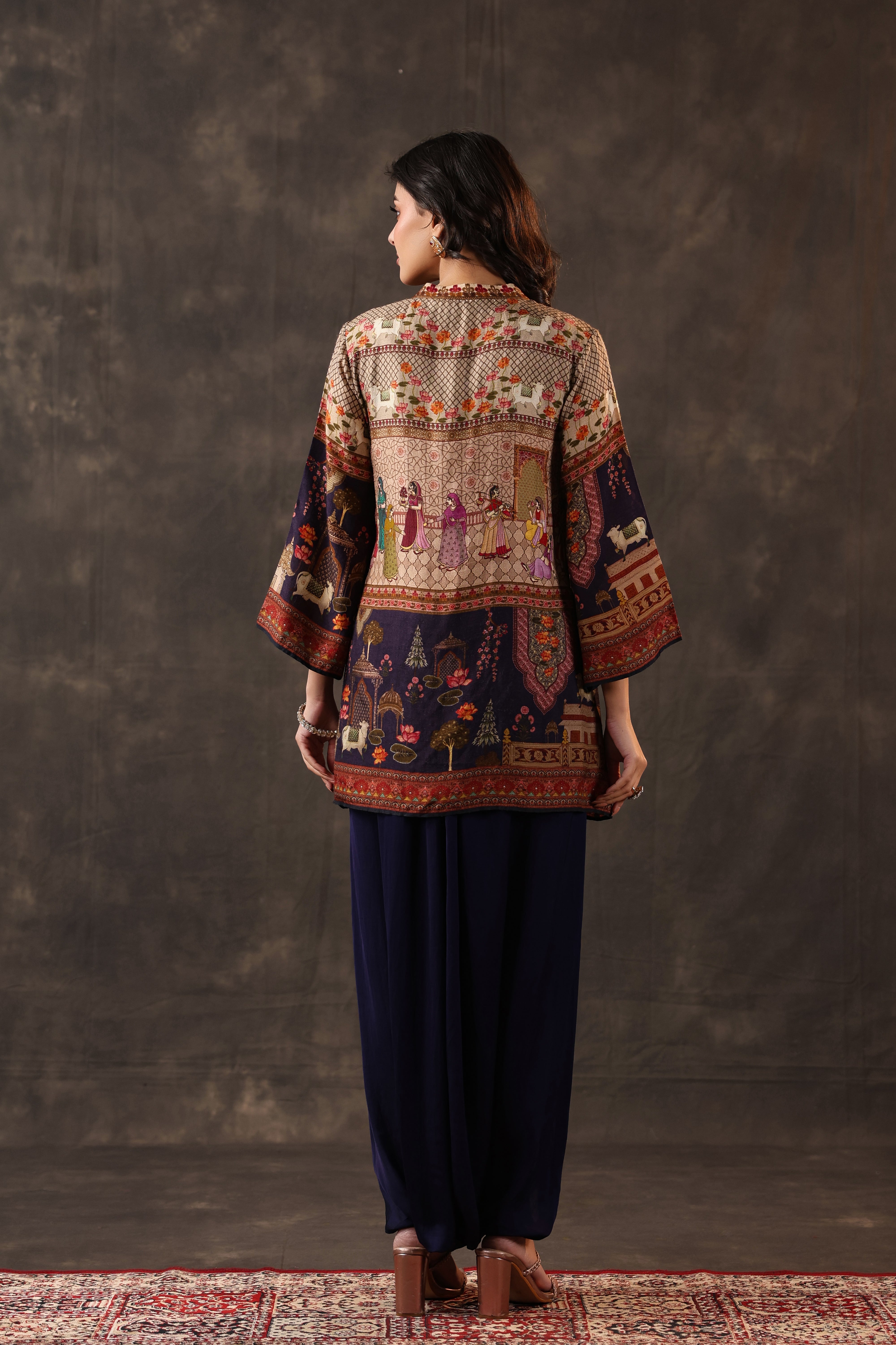 Indigo Heritage Printed Dola Silk Dhoti Set