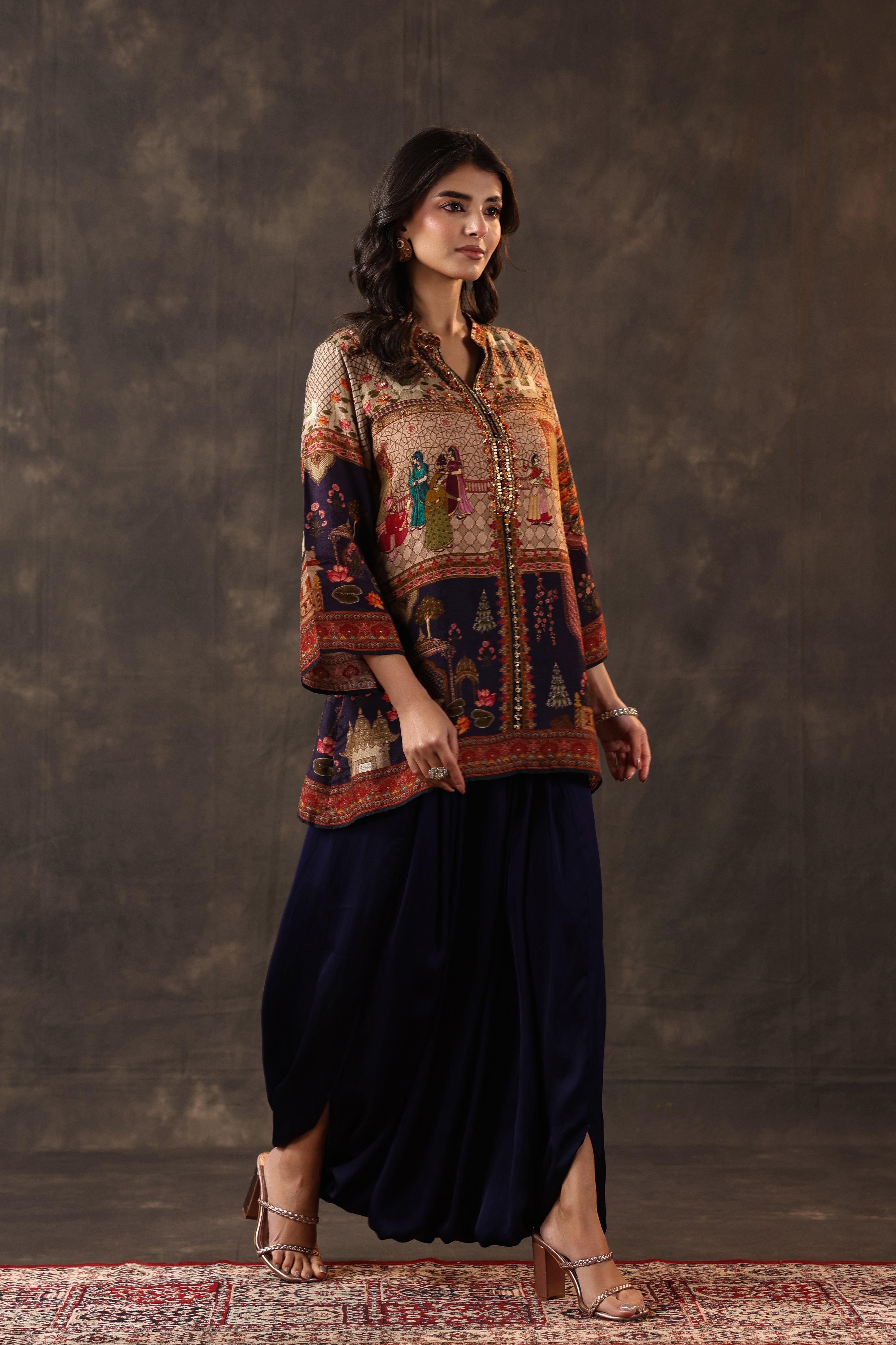 Indigo Heritage Printed Dola Silk Dhoti Set