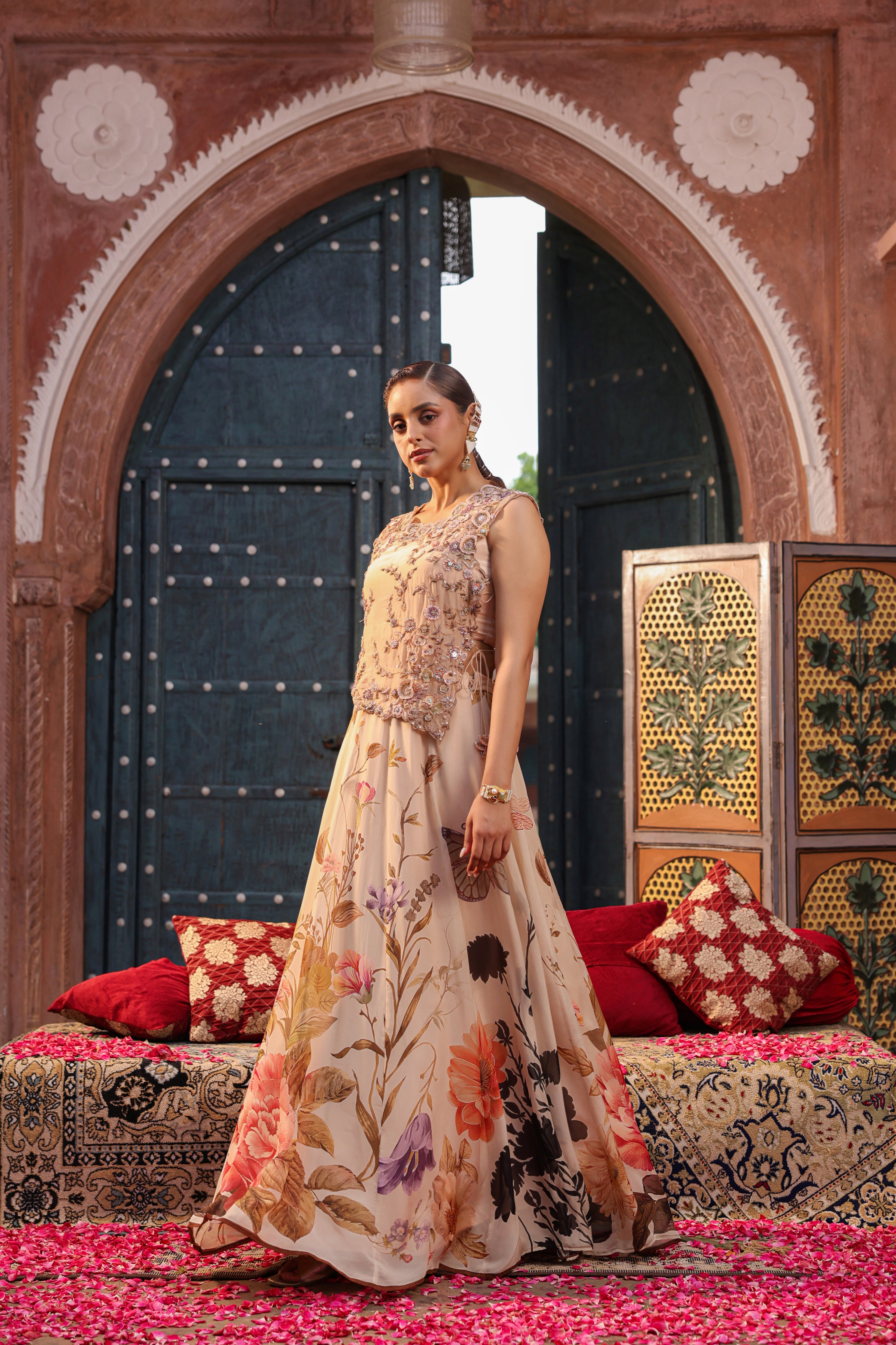 Dusty Nude Embellished Organza Silk Cape Lehenga Set