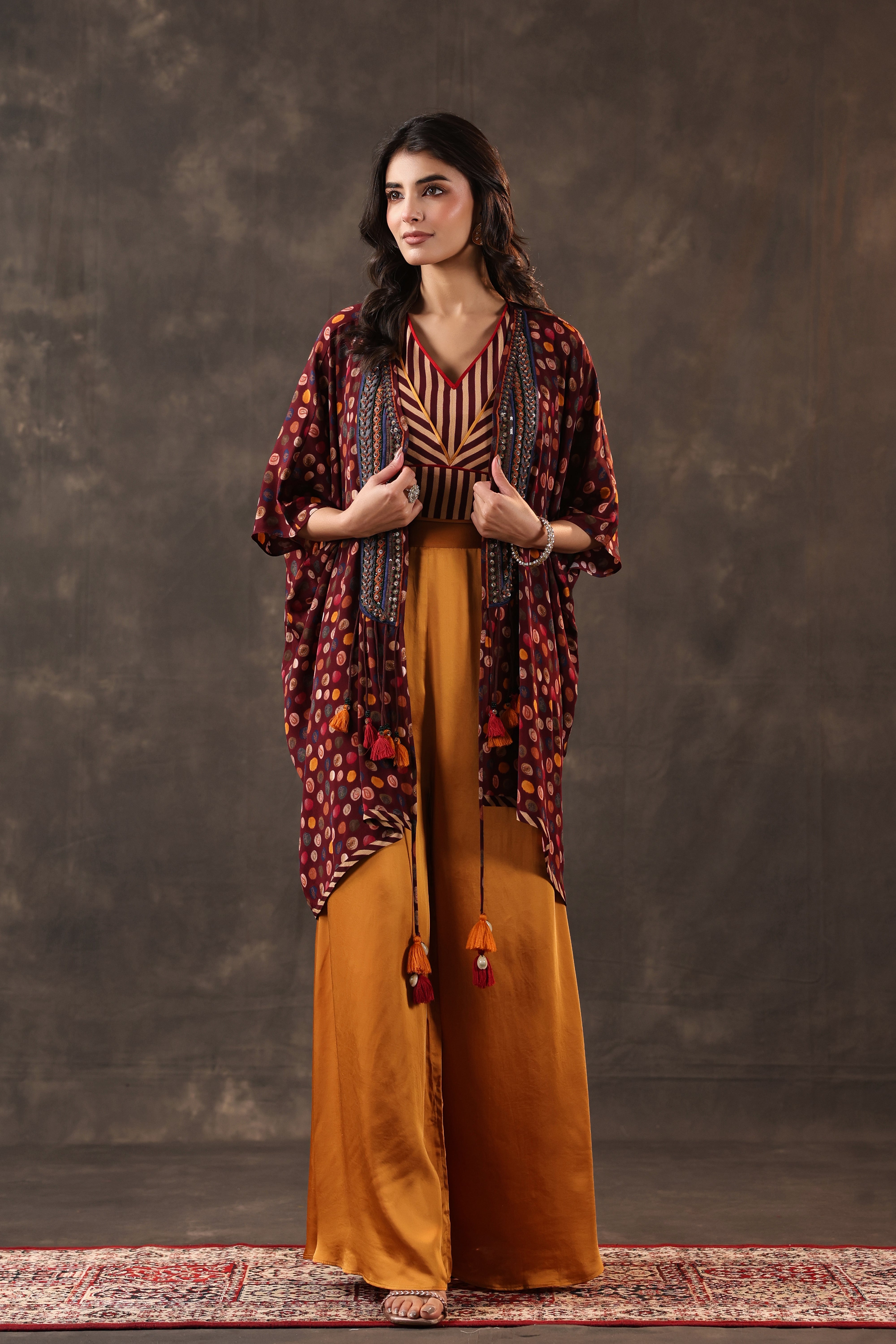 Maroon & Mustard Embellished Crepe Silk Cape Set