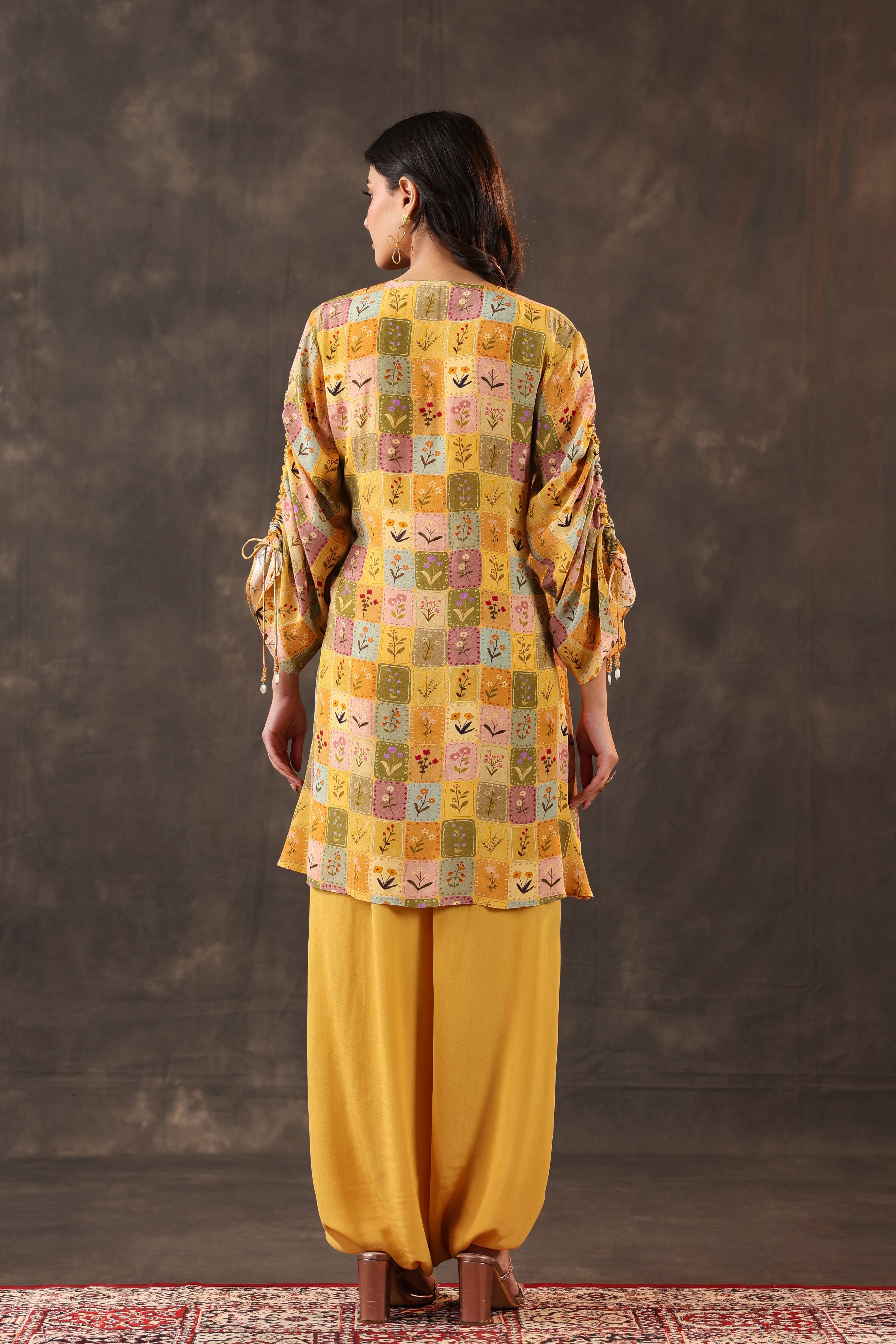 Bright Yellow Printed Crepe Silk Dhoti Set
