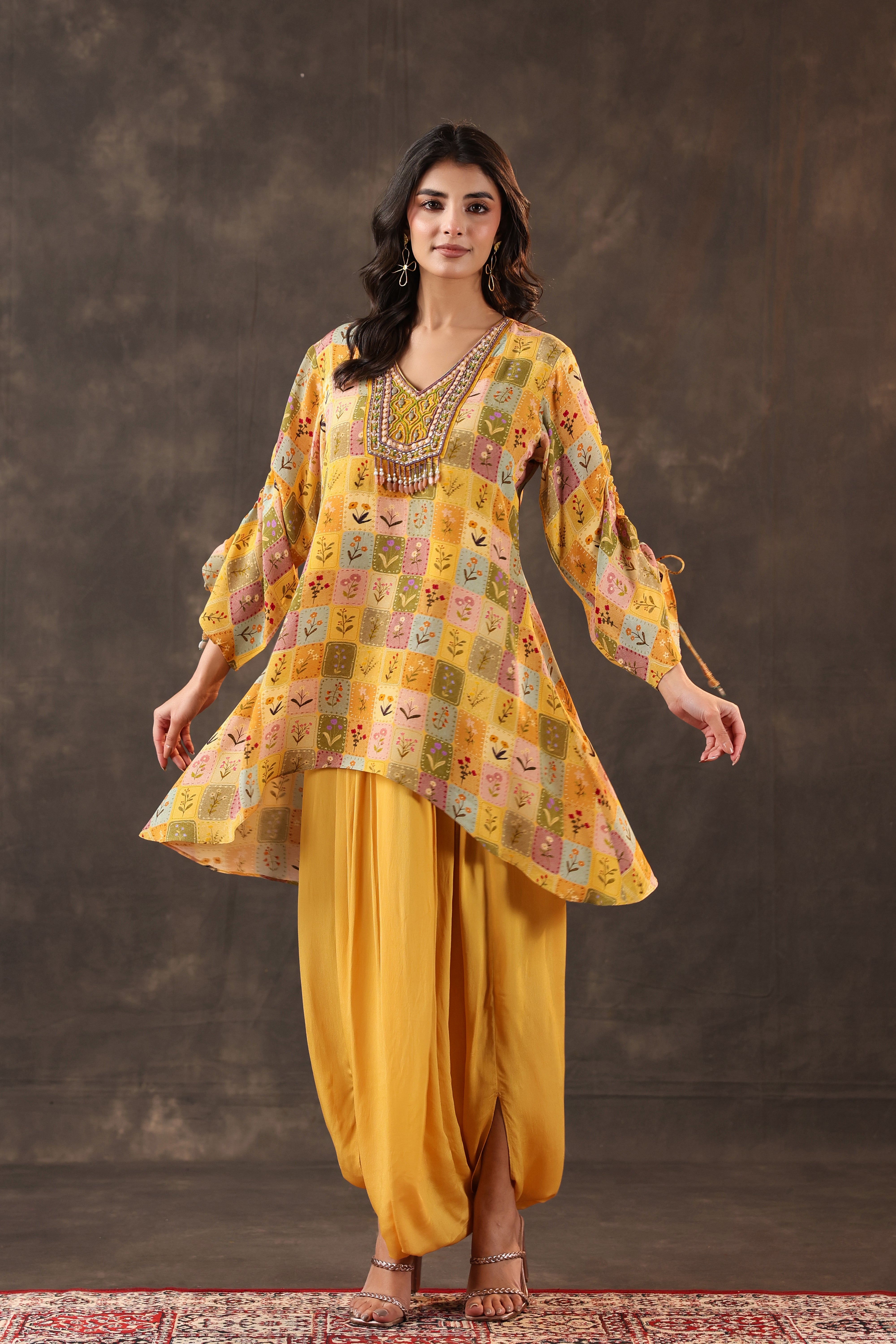 Bright Yellow Printed Crepe Silk Dhoti Set