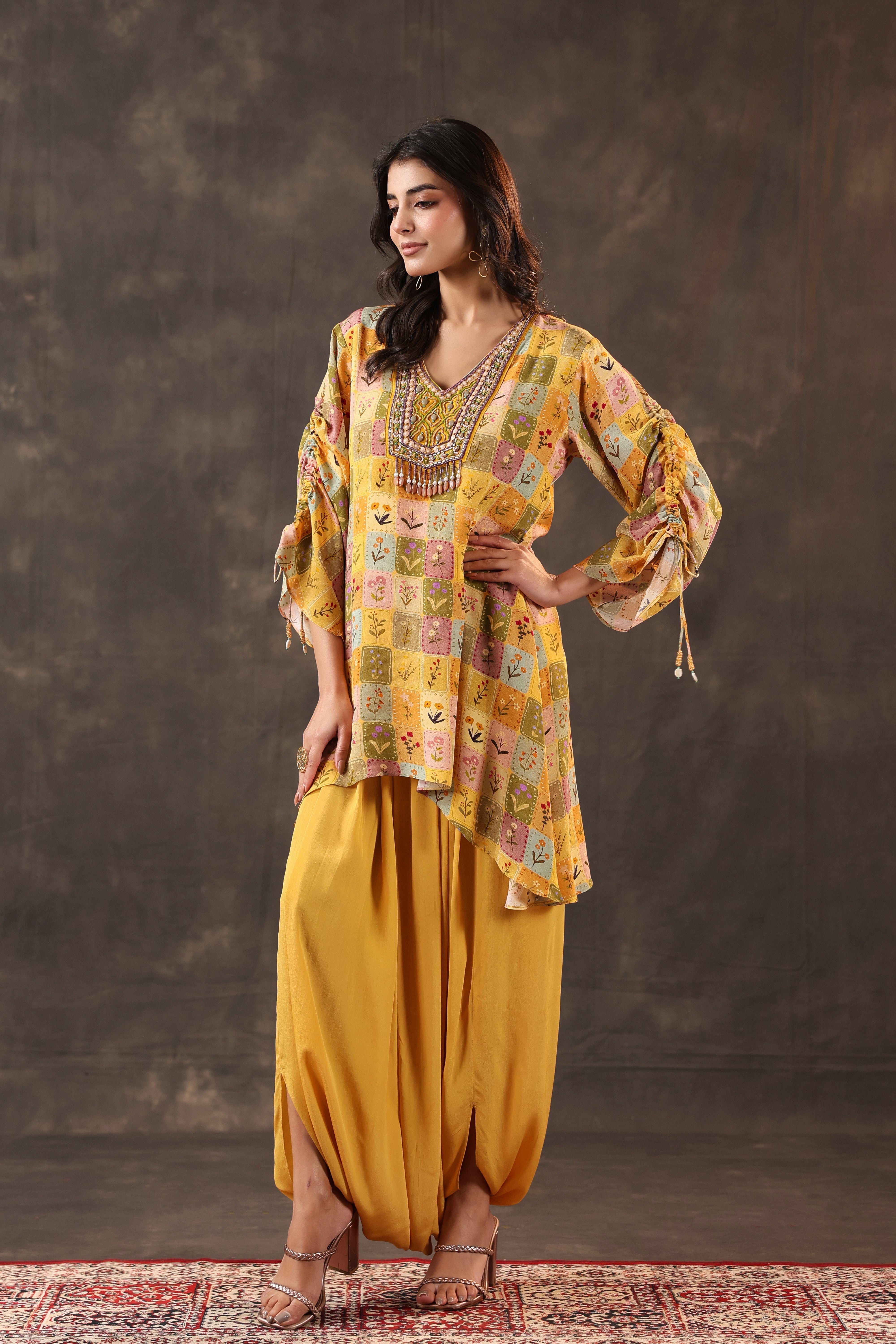 Bright Yellow Printed Crepe Silk Dhoti Set
