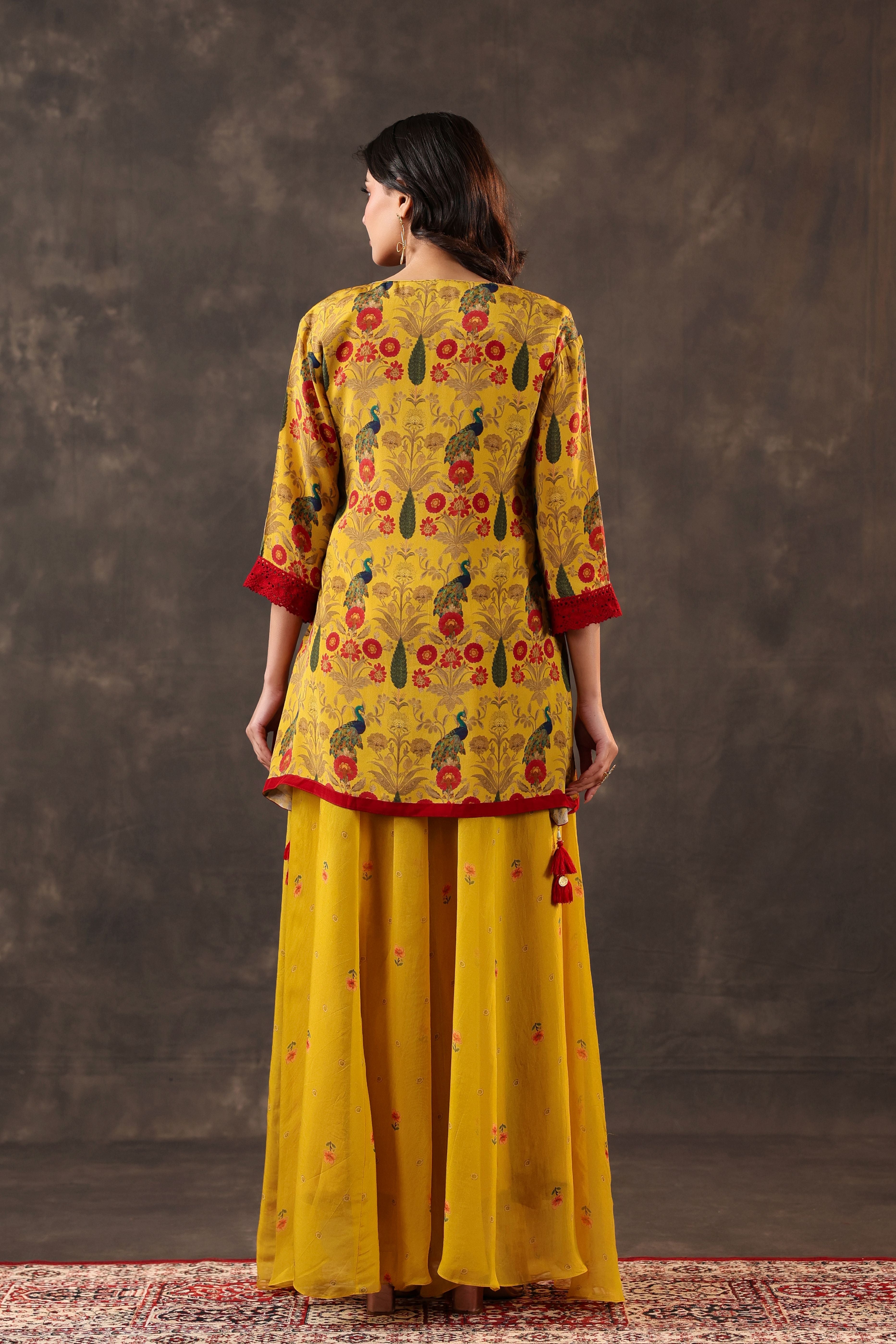 Marigold Peacock Printed Crepe Silk Palazzo Set