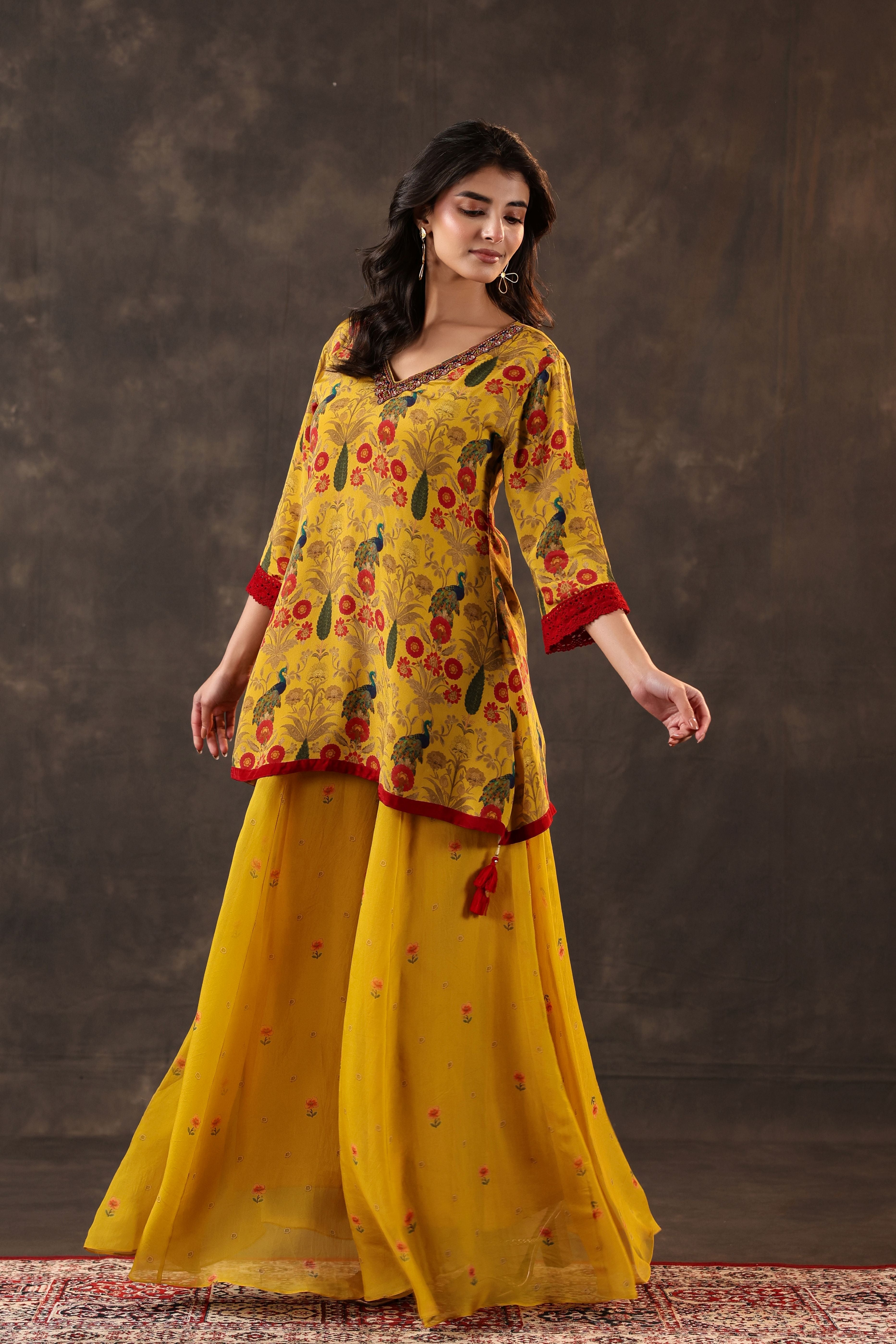 Marigold Peacock Printed Crepe Silk Palazzo Set