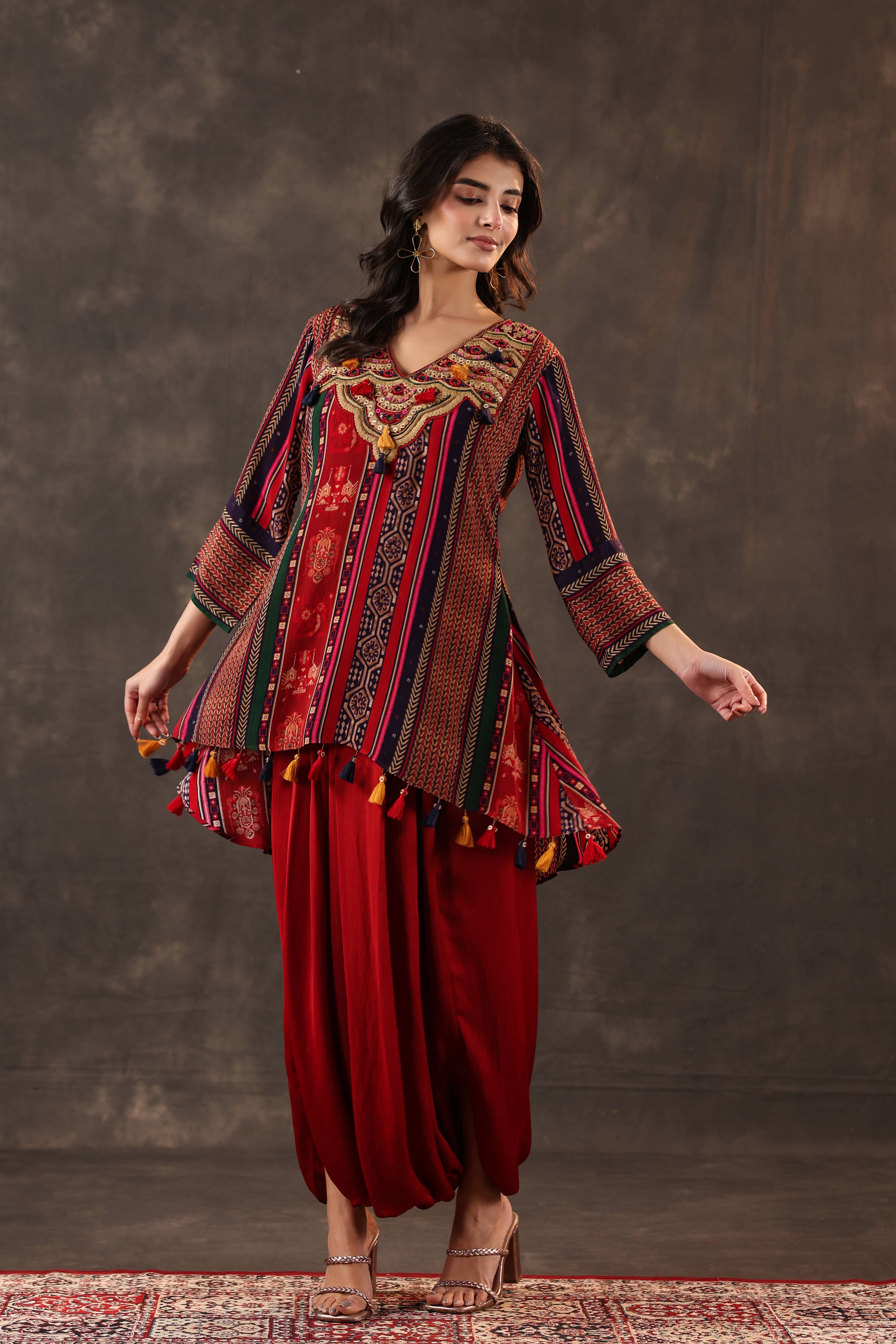 Garnet Tribal Printed Crepe Silk Dhoti Set