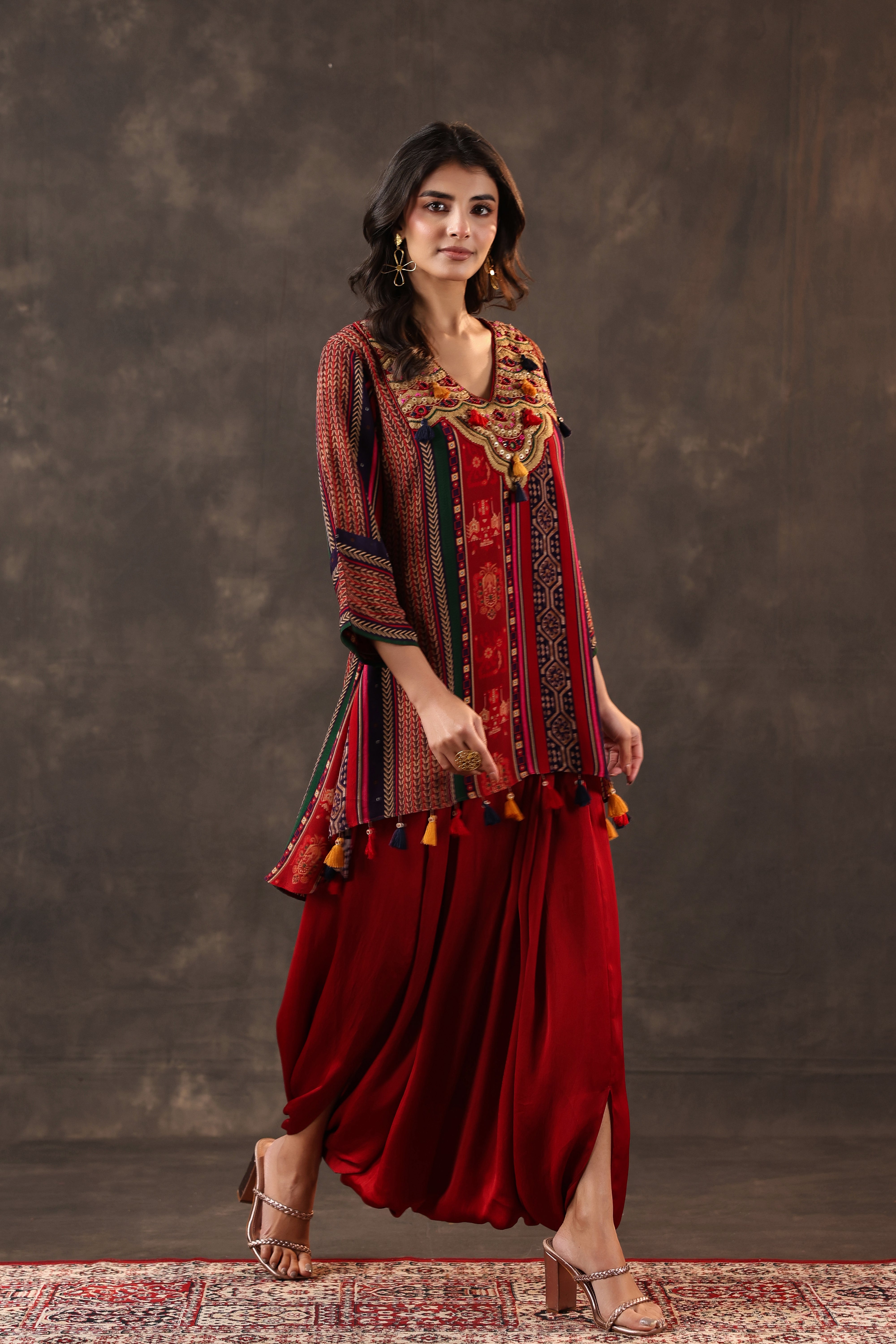 Garnet Tribal Printed Crepe Silk Dhoti Set