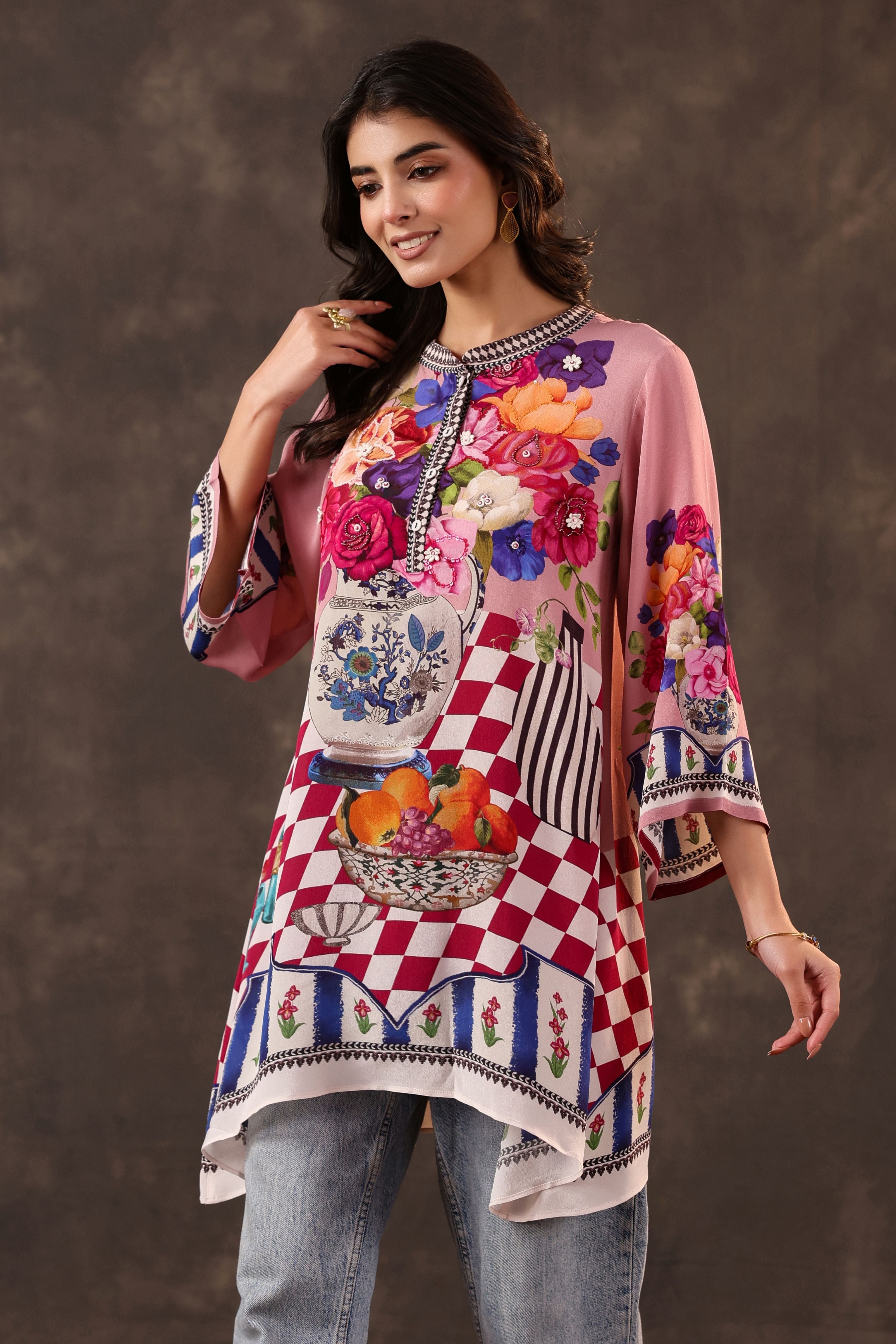 Rosy Still-Life Printed Crepe Silk Top