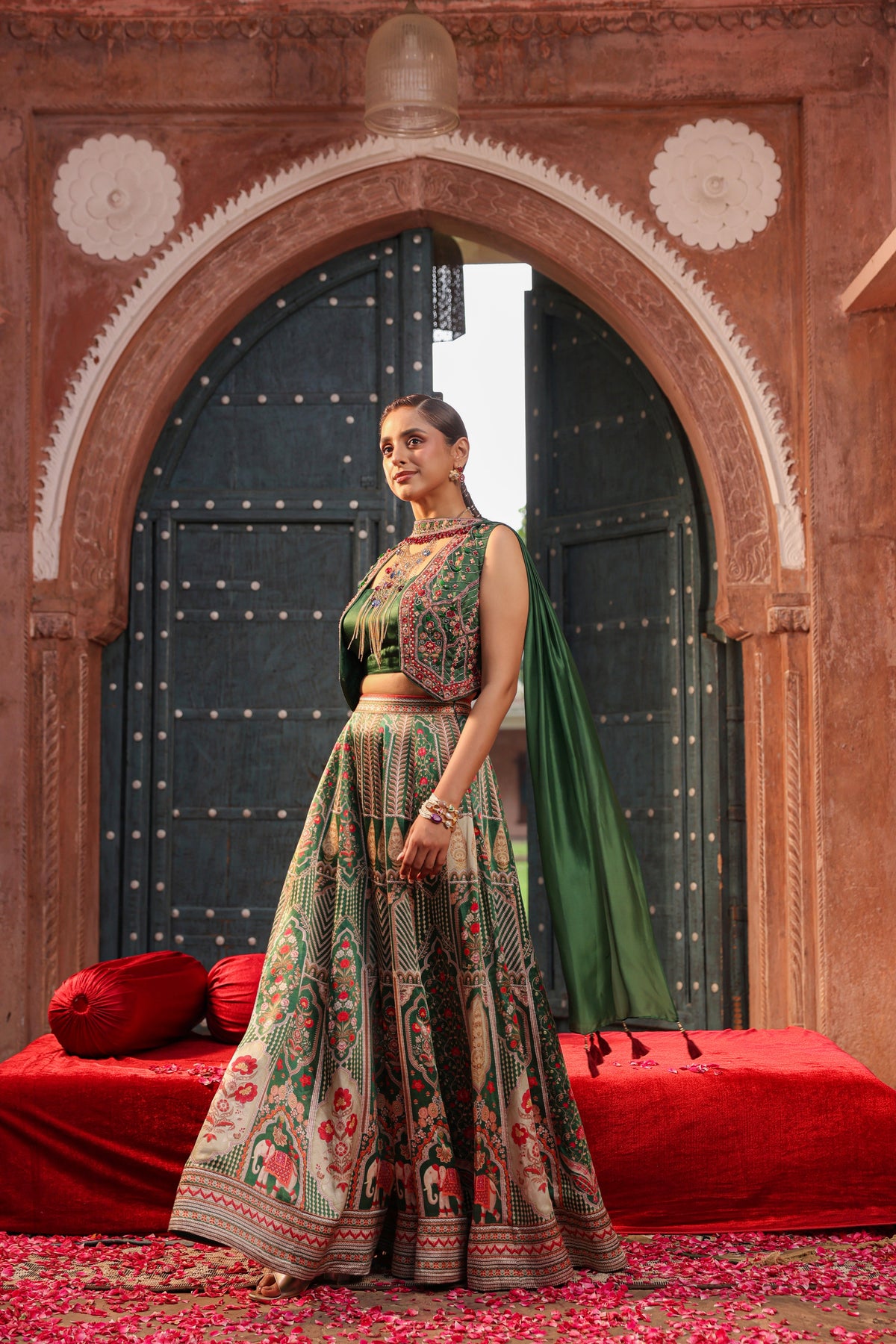 Deep Green Embellished Raw Silk Palazzo Set