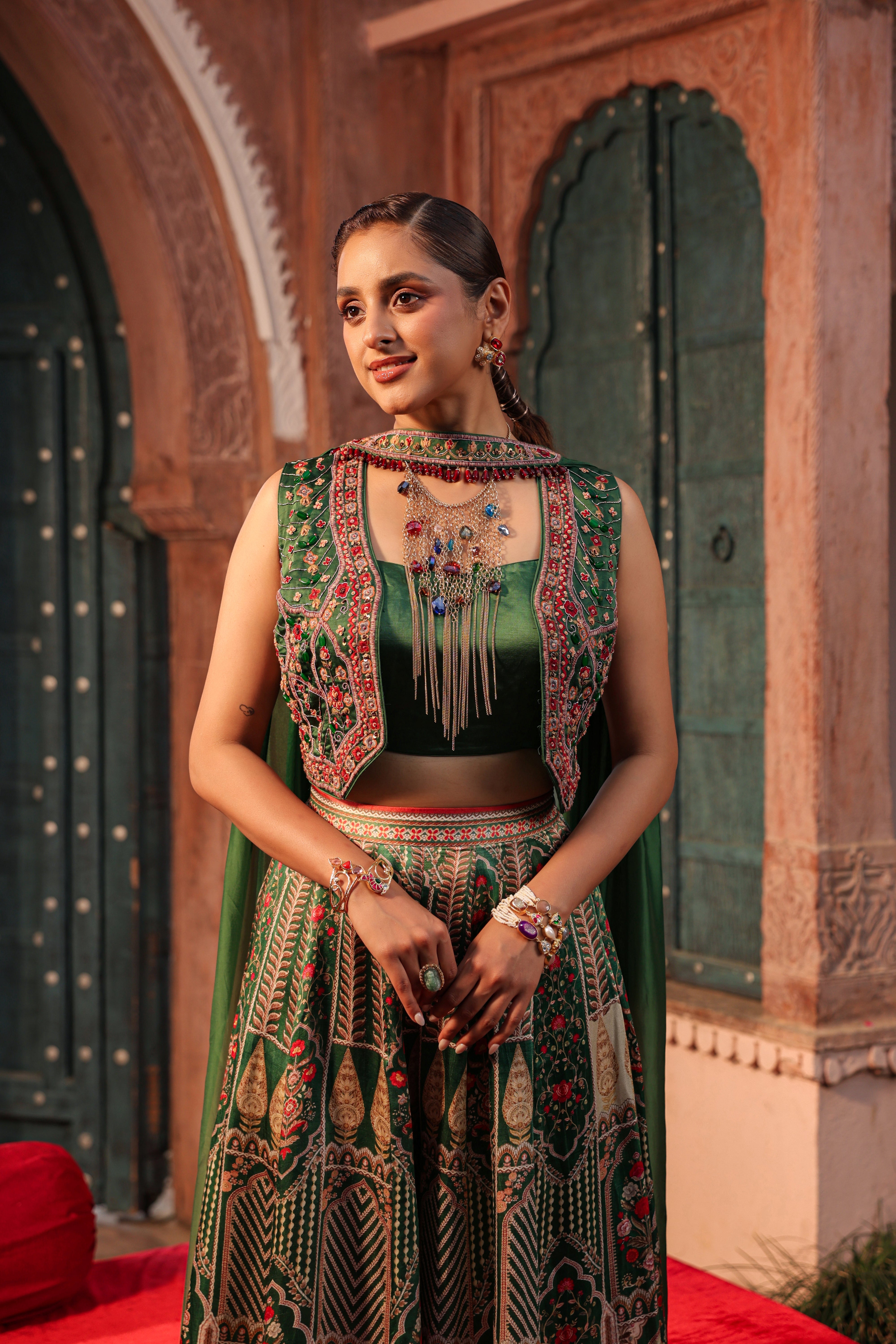 Deep Green Embellished Raw Silk Palazzo Set