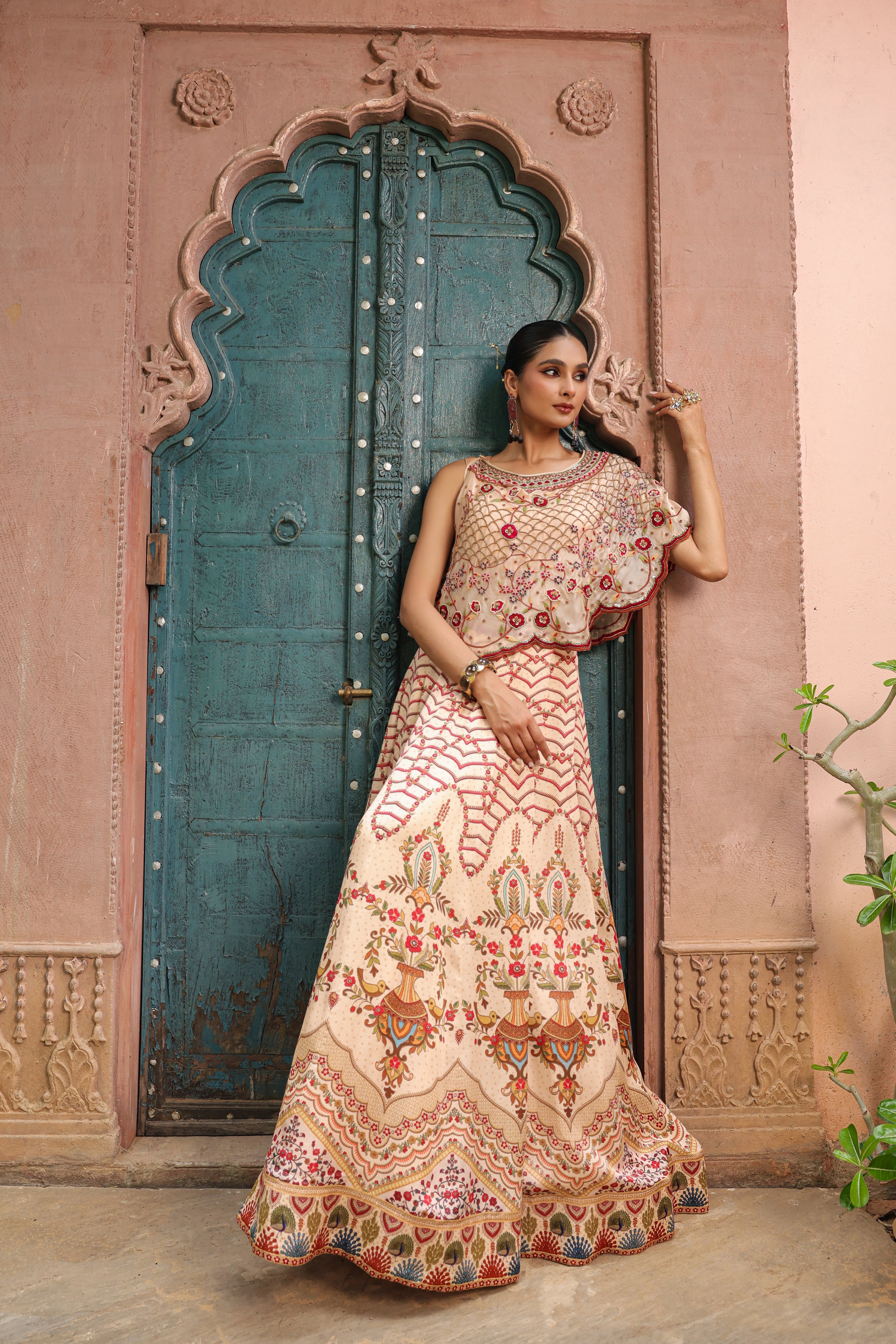 Soft Beige Embellished Satin Silk Cape Lehenga Set