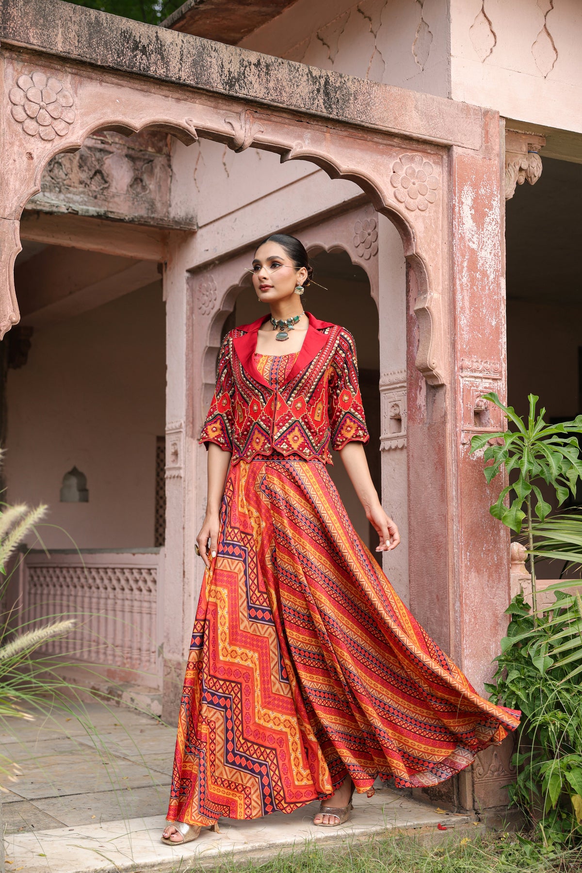 Sunburnt Orange Embellished Raw Silk Palazzo Set