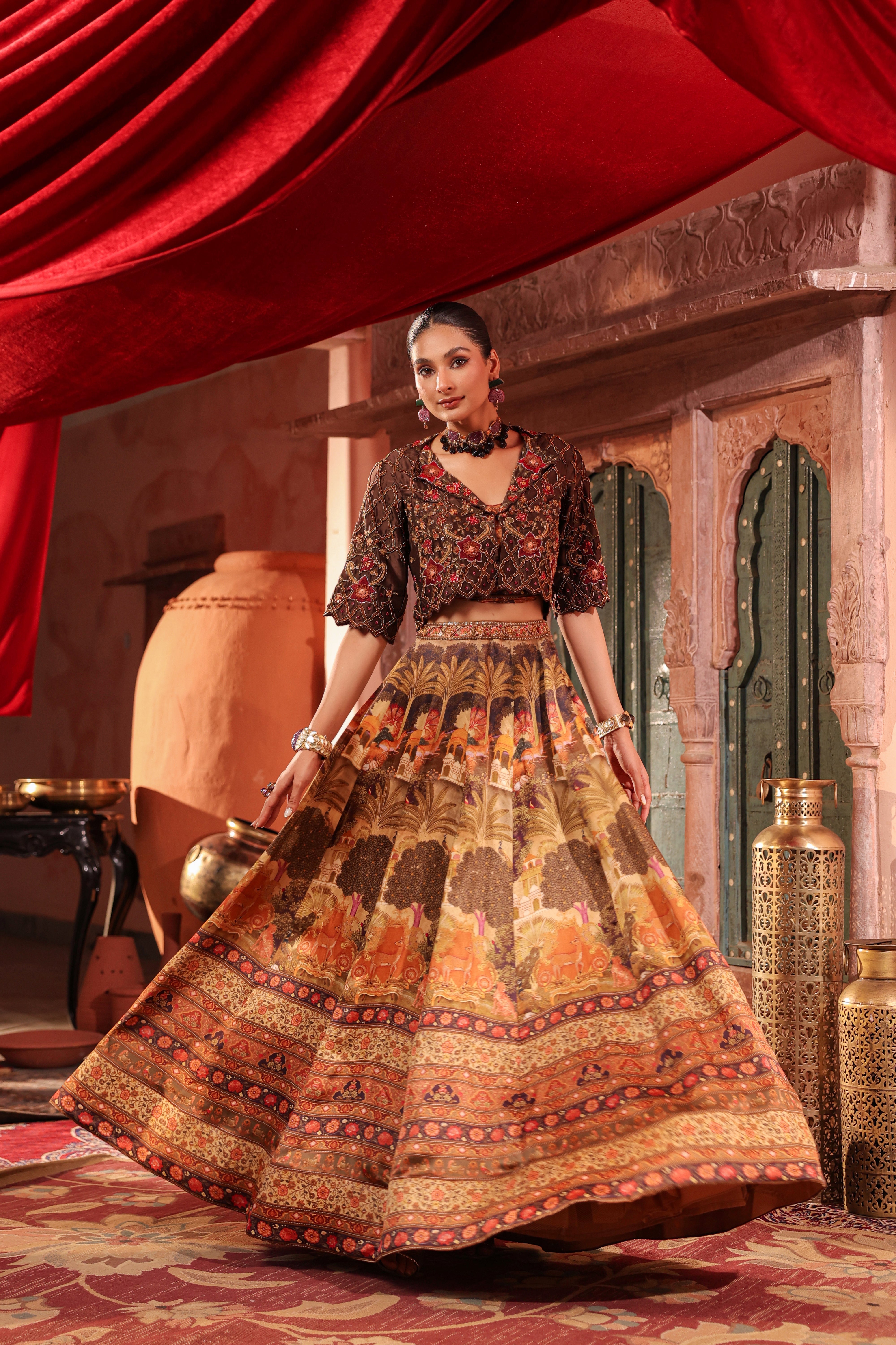 Deep Brown Embellished Raw Silk Lehenga Set