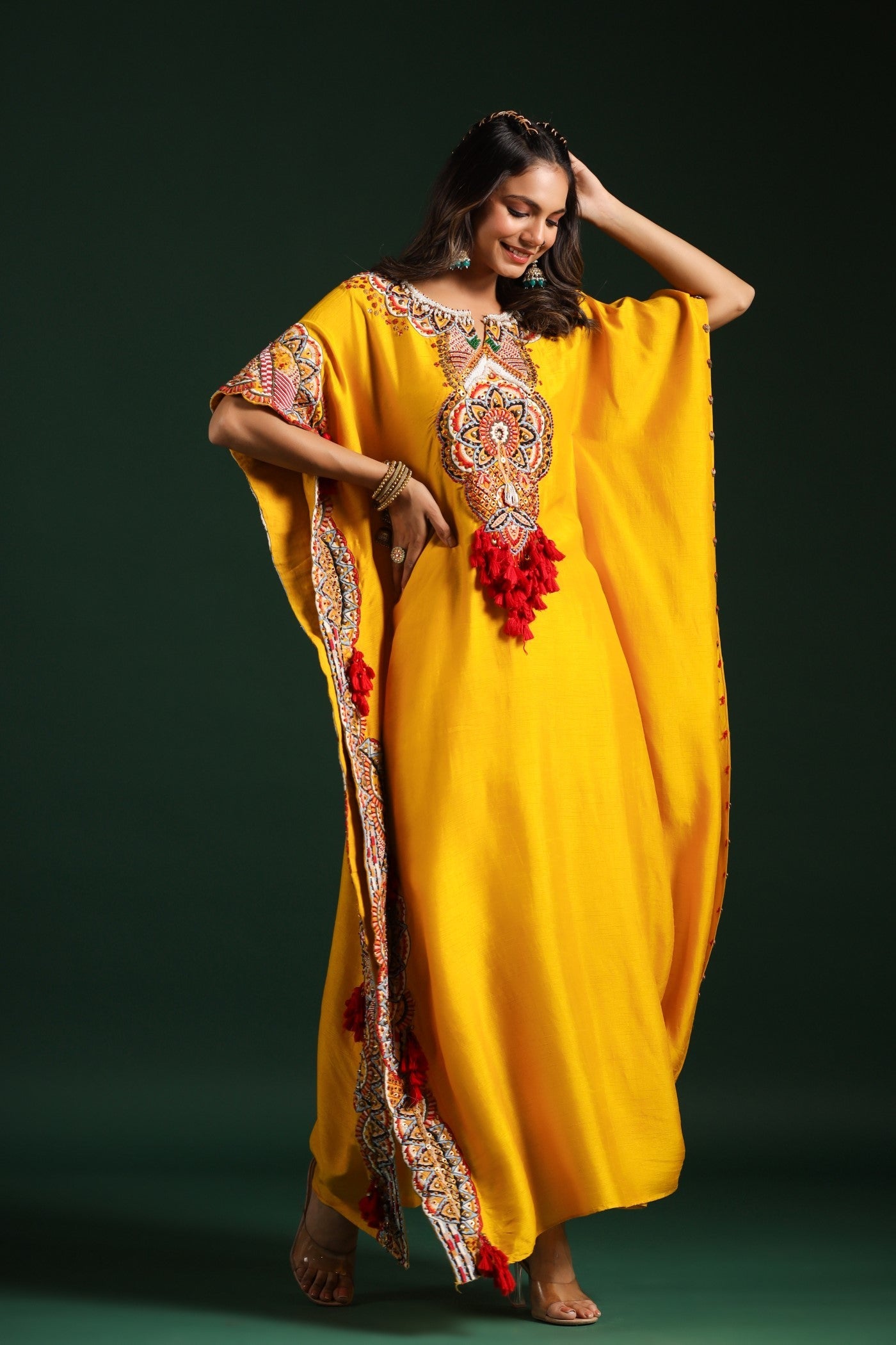 Festive Yellow Embellished Kaftan Pants Set