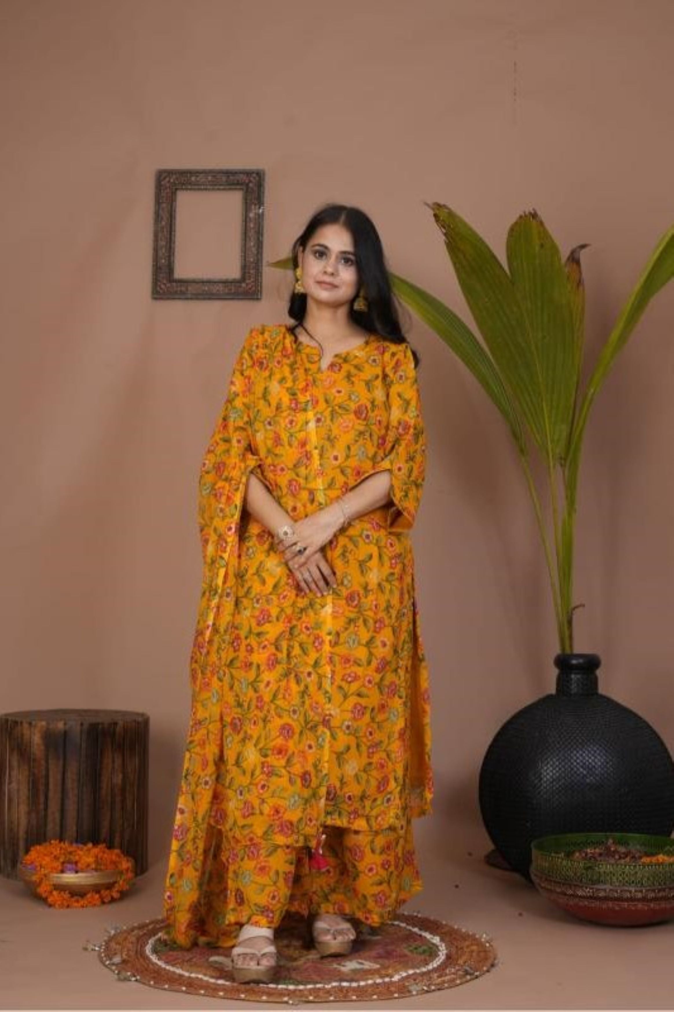 Mustard Floral Print Chiffon Silk Palazzo Suit Set