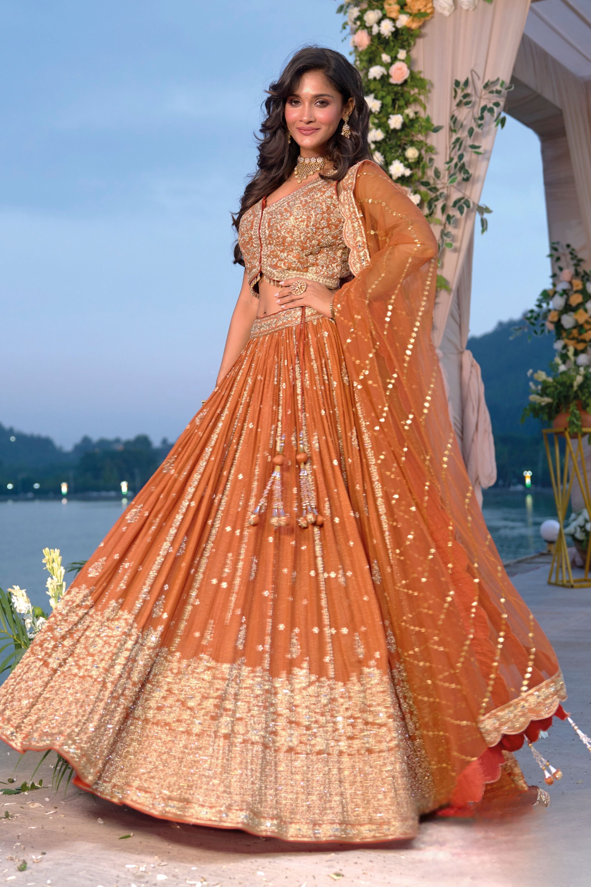 Dusty Orange Embellished Chinon Silk Lehenga Set