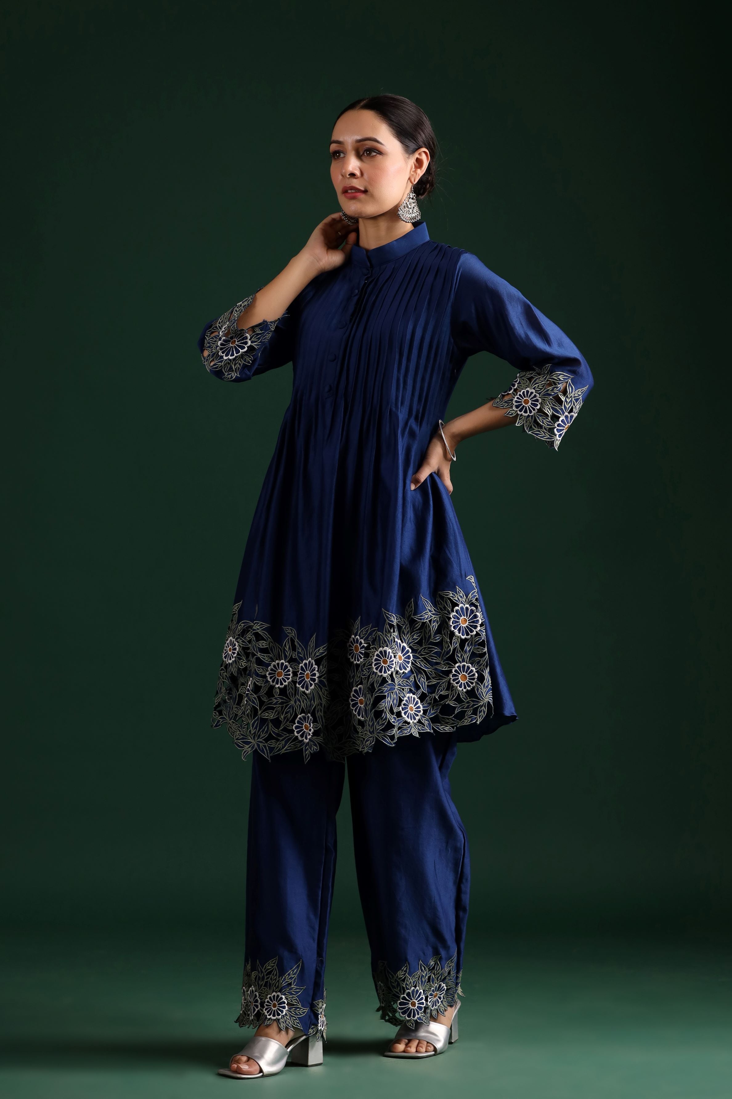 Blue Cut Work Chanderi Silk Pants Set