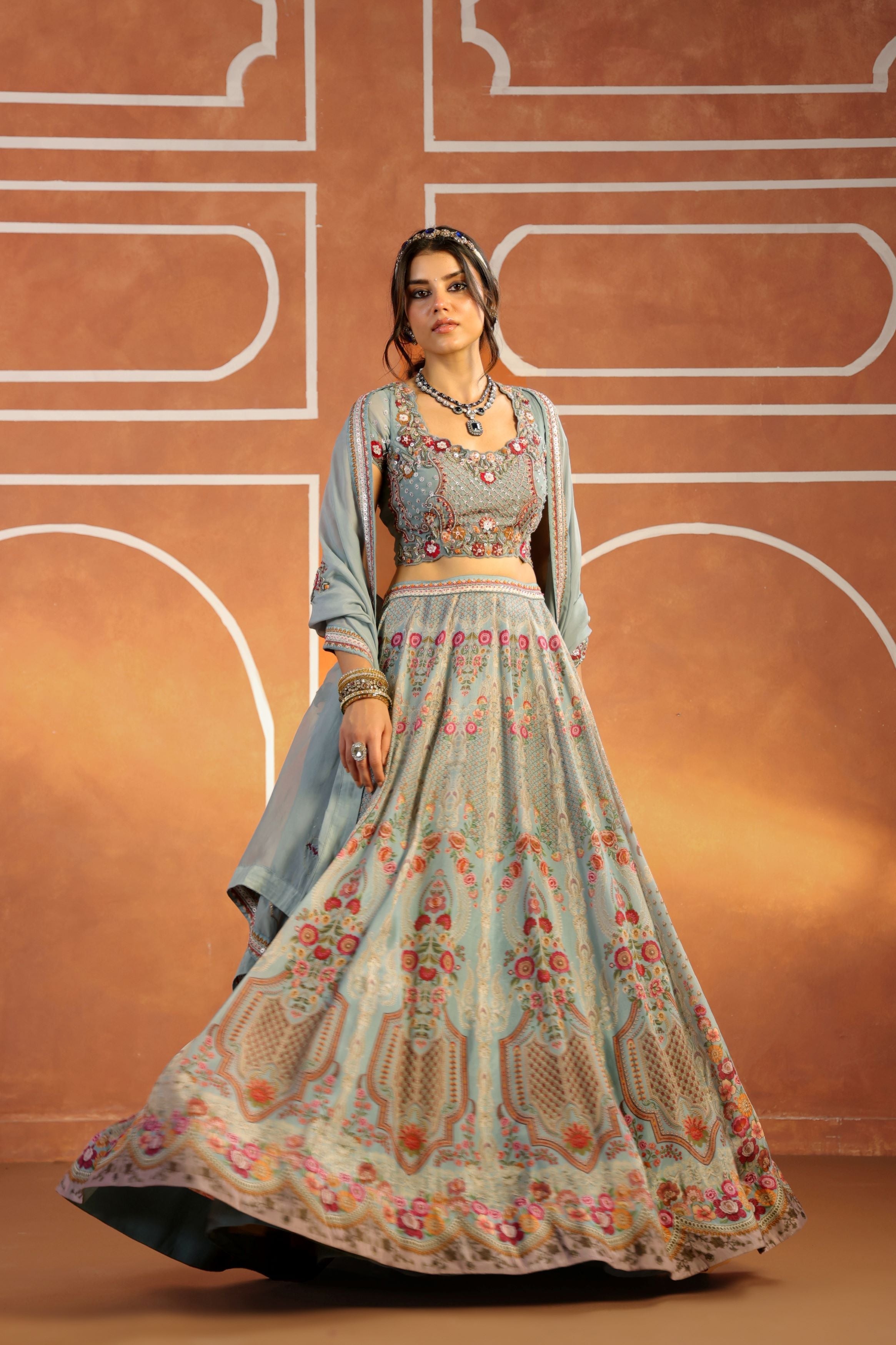Pastel Blue Embellished Organdi Lehenga Set